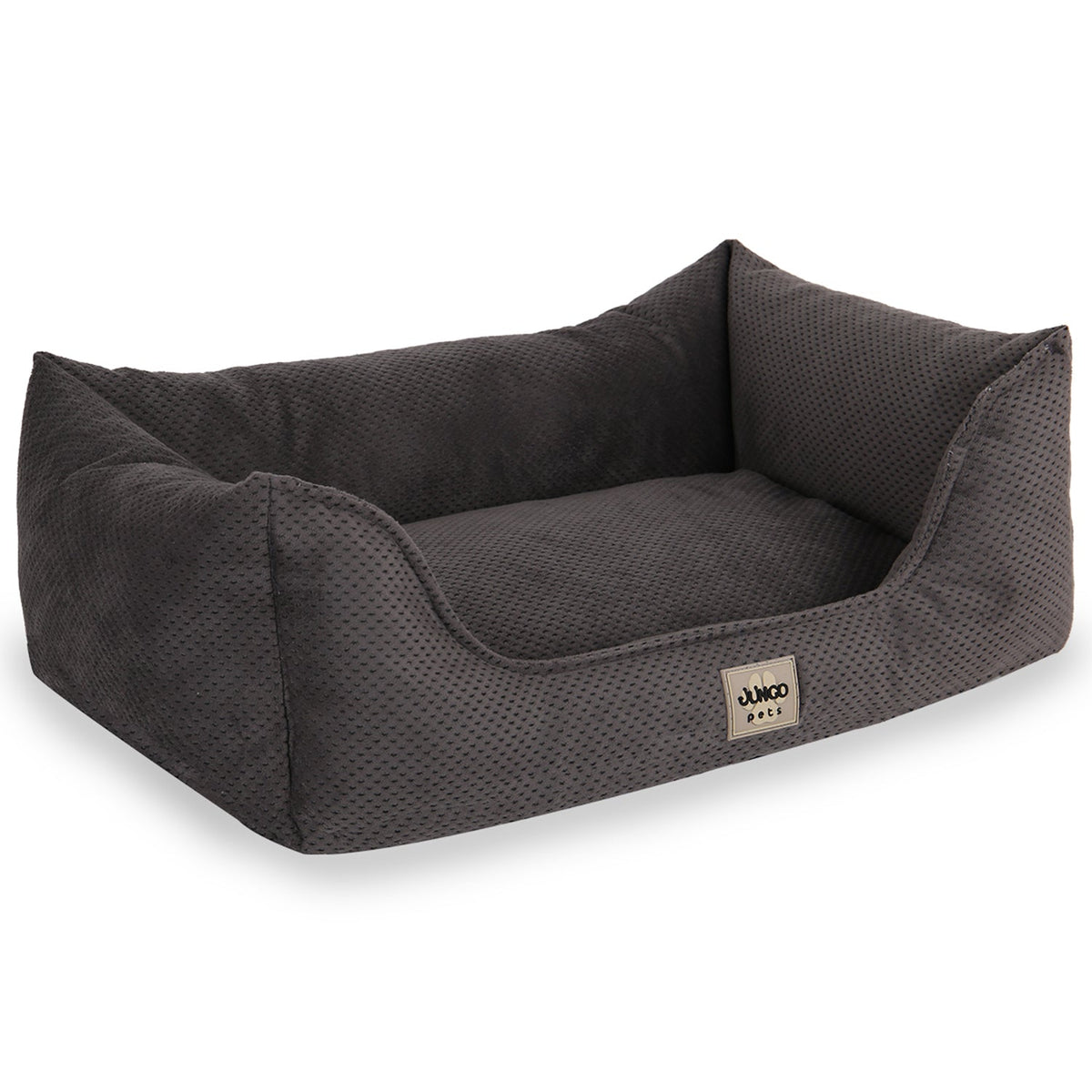 Rectangular dark grey textured pet bed with raised sides and soft cushioned interior