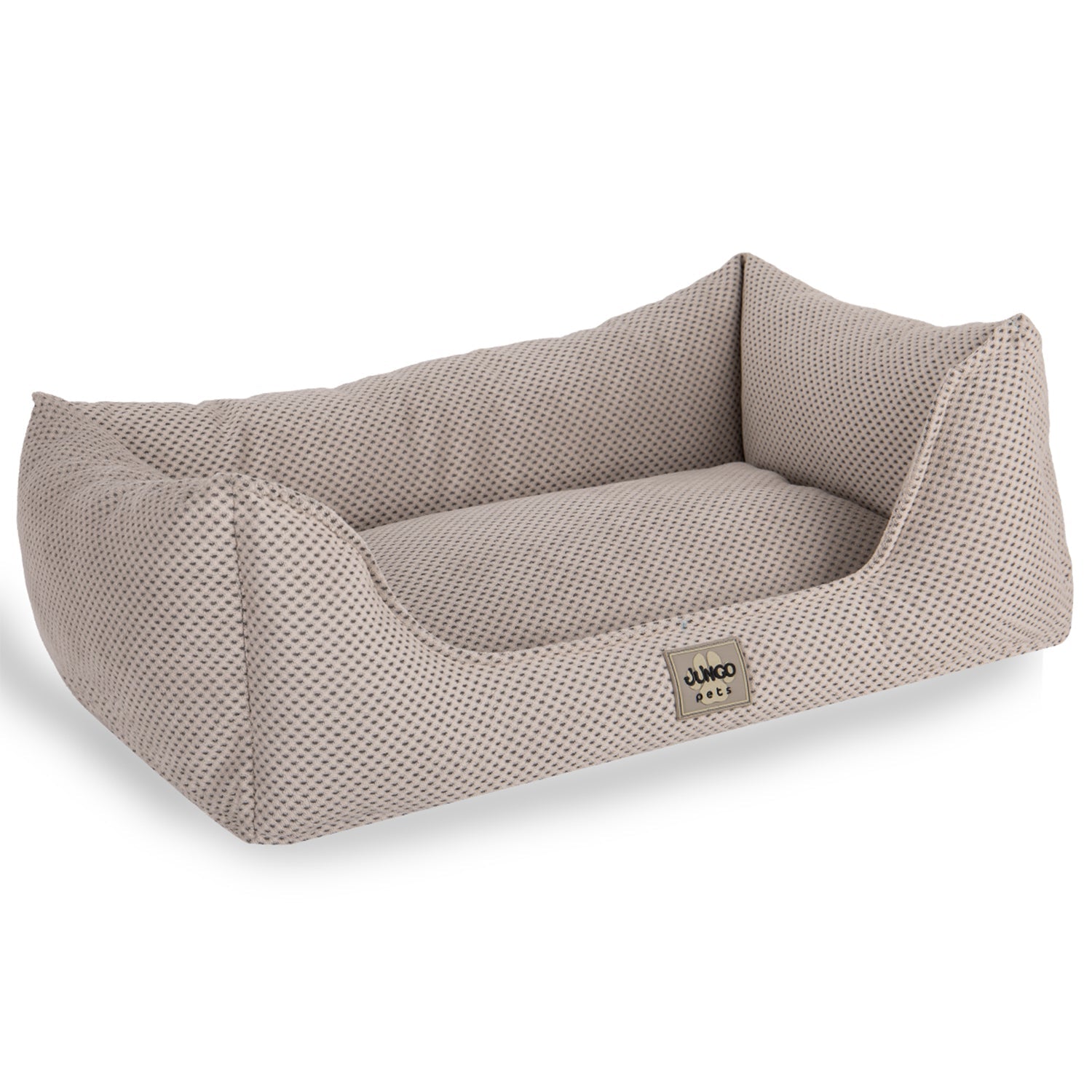 Rectangular beige textured dog bed with raised sides and fabric label on white background