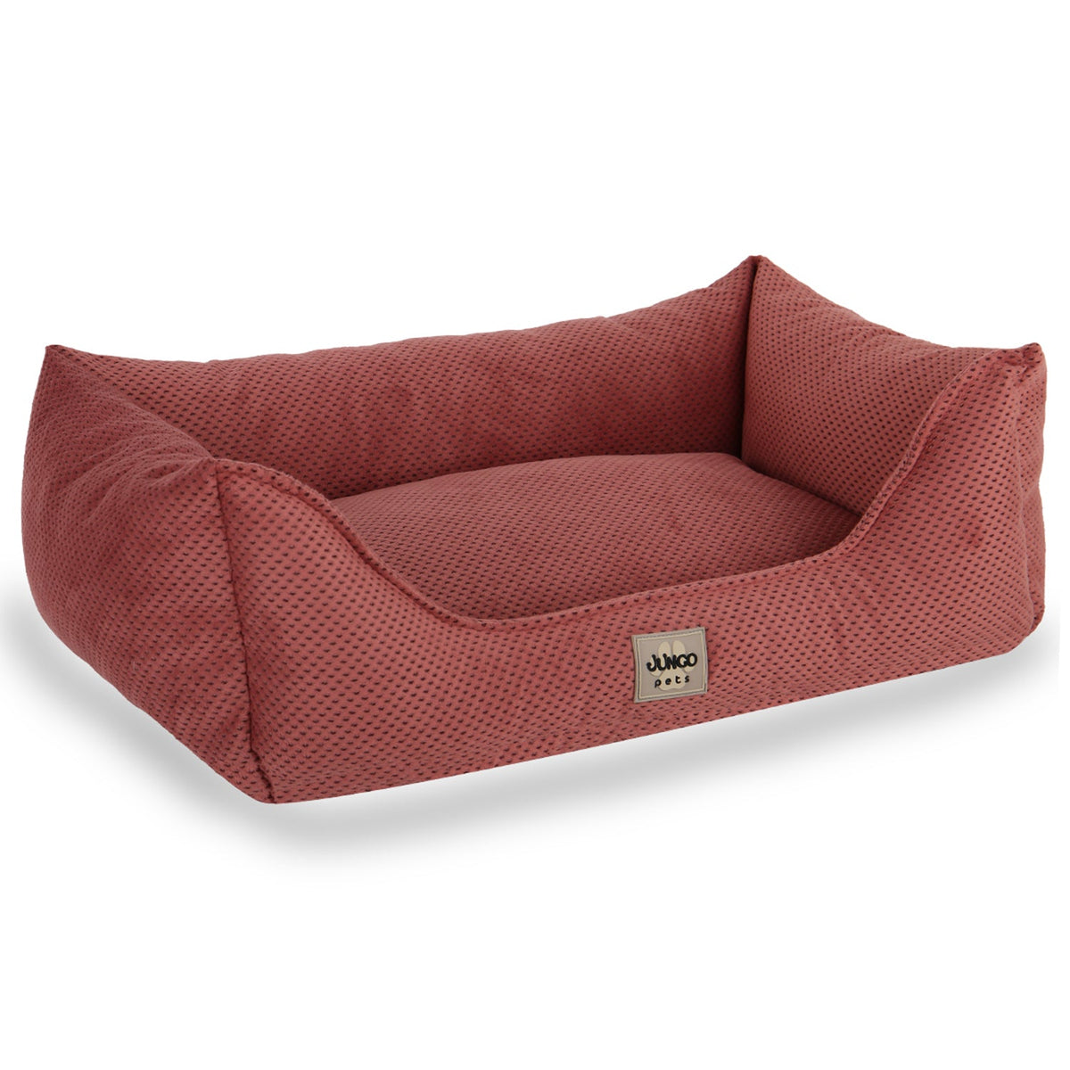 Soft rectangular red pet bed with textured fabric and raised edges, ideal for dogs or cats