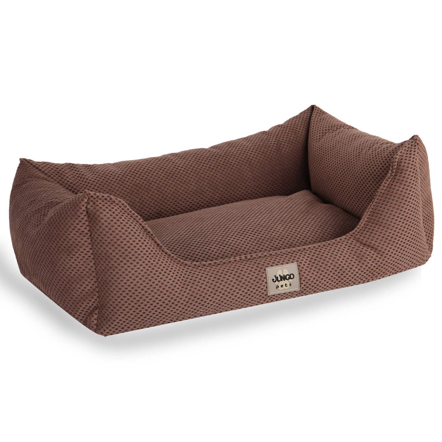 Brown rectangular textured dog bed with raised sides on a white background