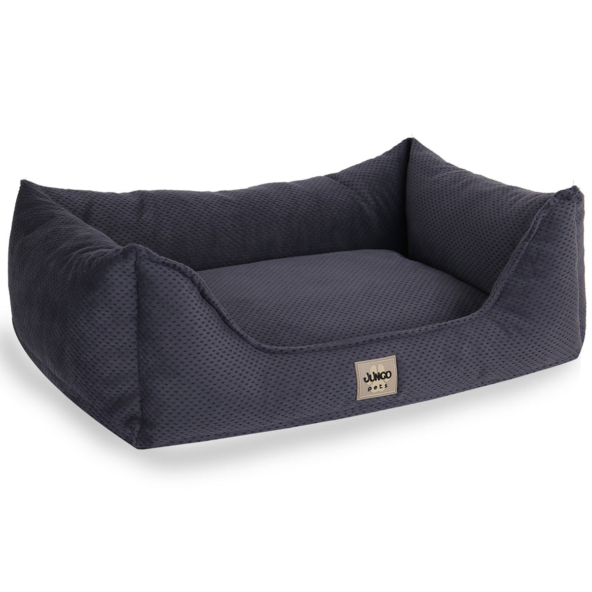 Dark grey rectangular pet bed with raised sides, textured fabric, and soft cushion.