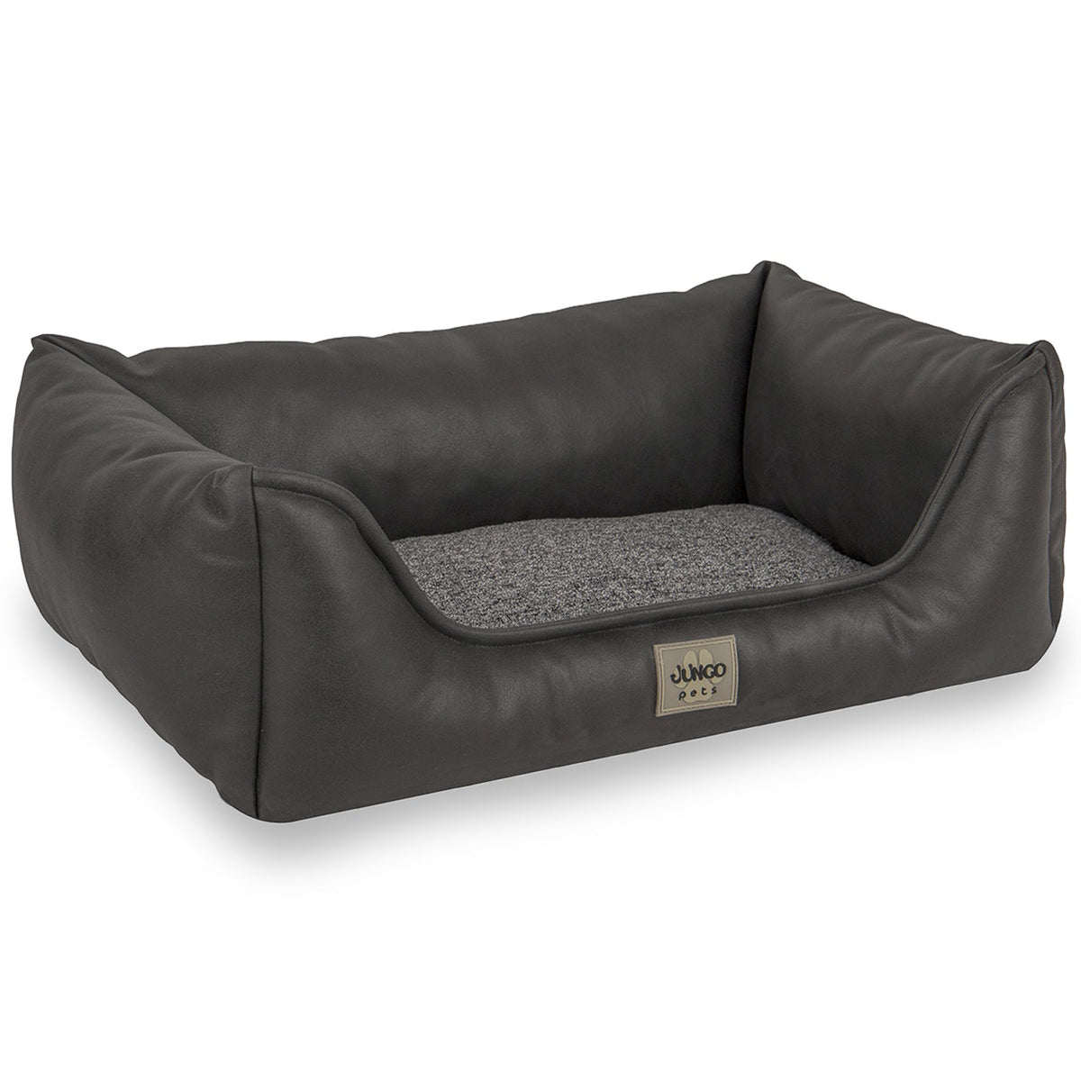 Dark gray rectangular pet bed with raised sides and a soft fabric cushion insert