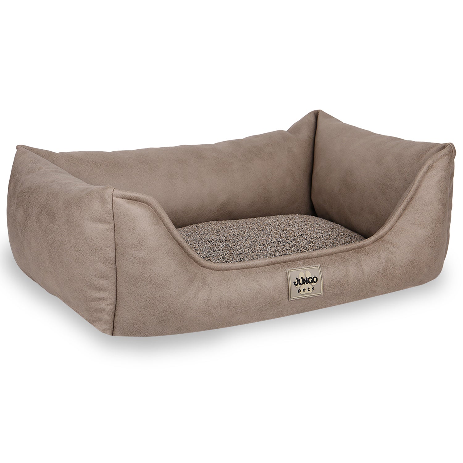 Beige rectangular pet bed with raised sides and soft textured cushion