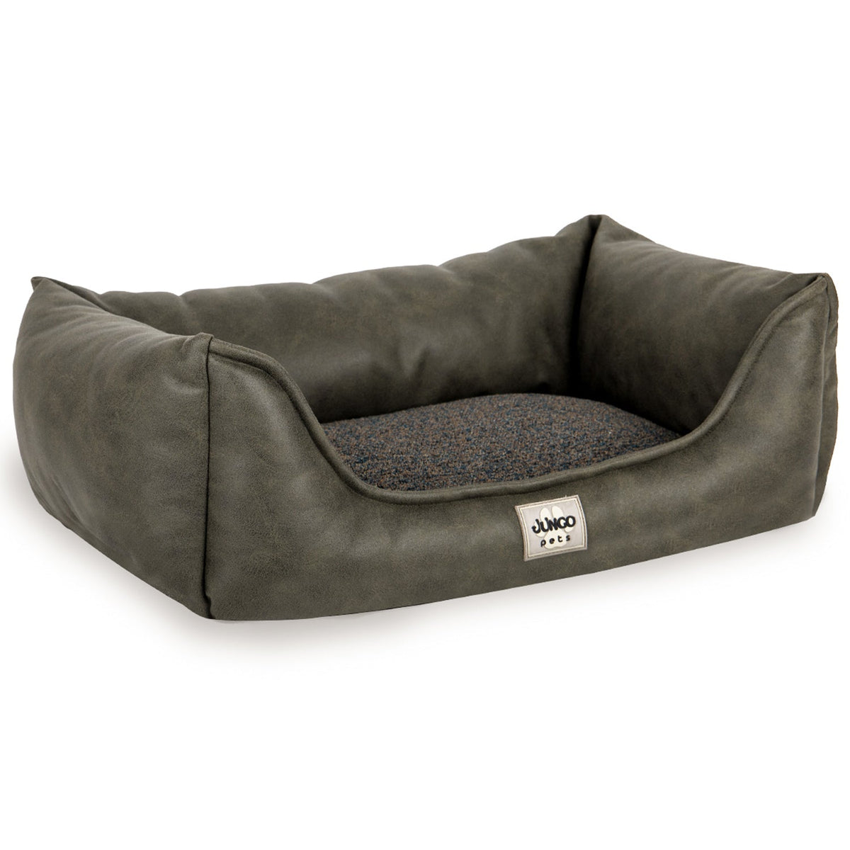 Rectangular dark green pet bed with raised padded sides and soft fabric cushion