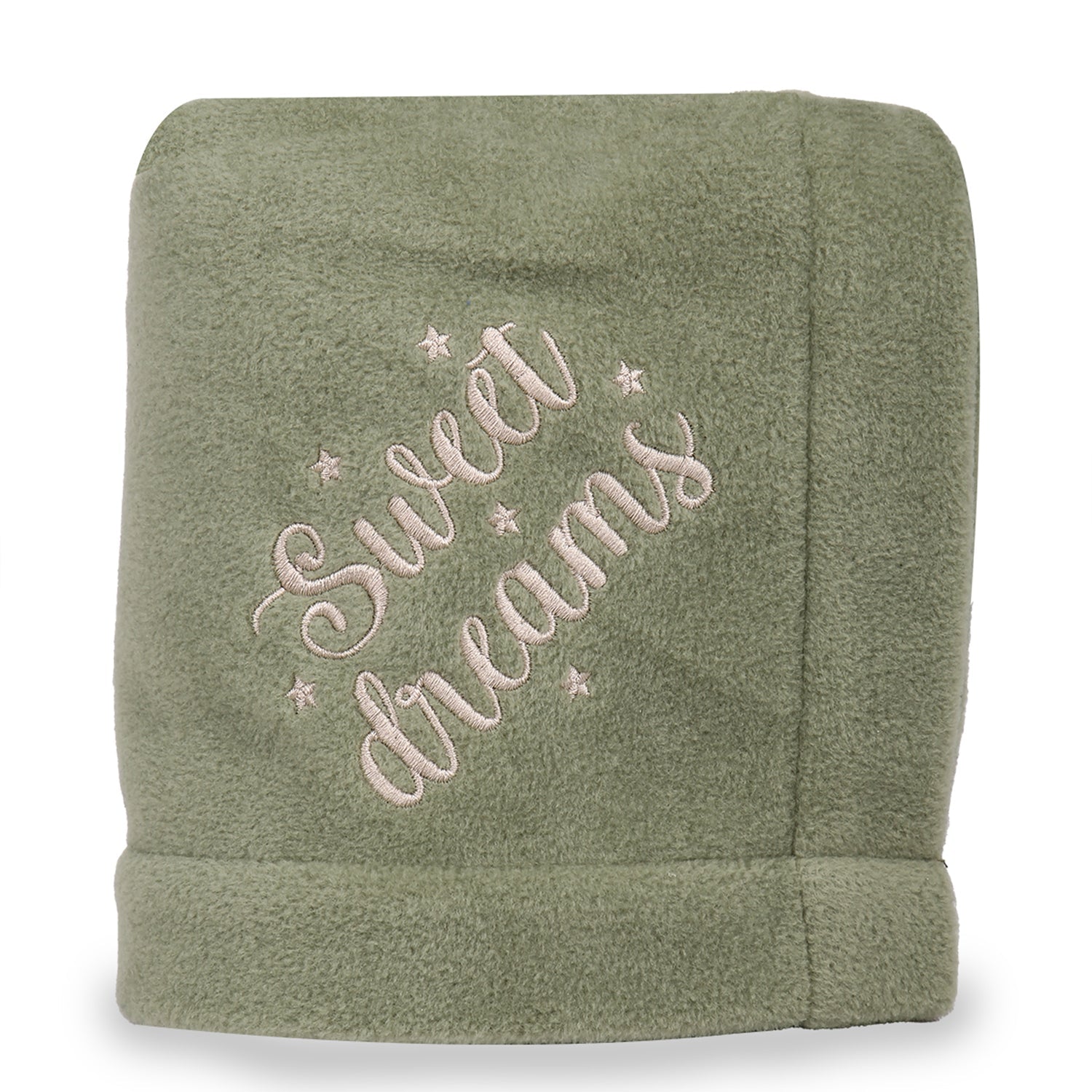 Green fleece blanket with 'Sweet dreams' and stars embroidered on front, soft bedding textile
