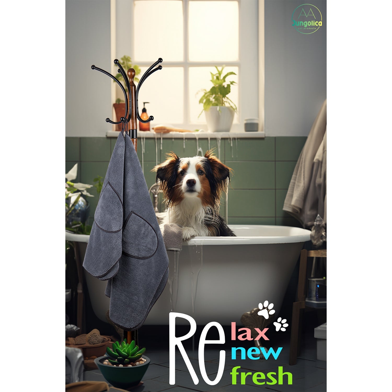 Dog in a bathtub with gray towels hanging, bathroom setting, relax and refresh text.