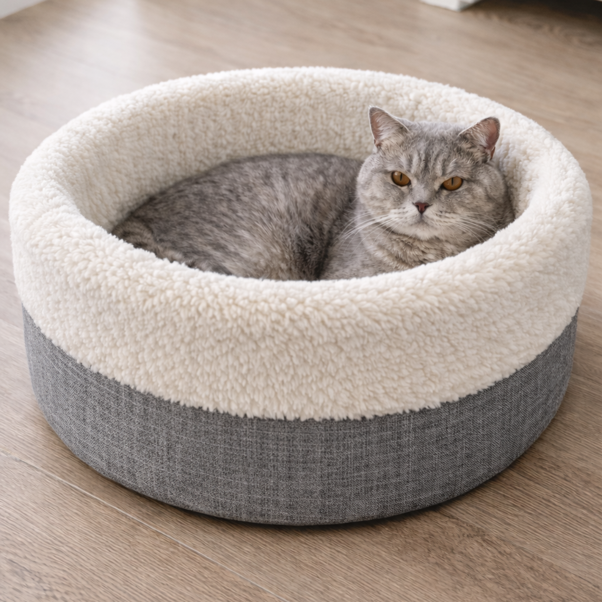 Gray cat resting in a round, plush sherpa and fabric pet bed on wooden floor