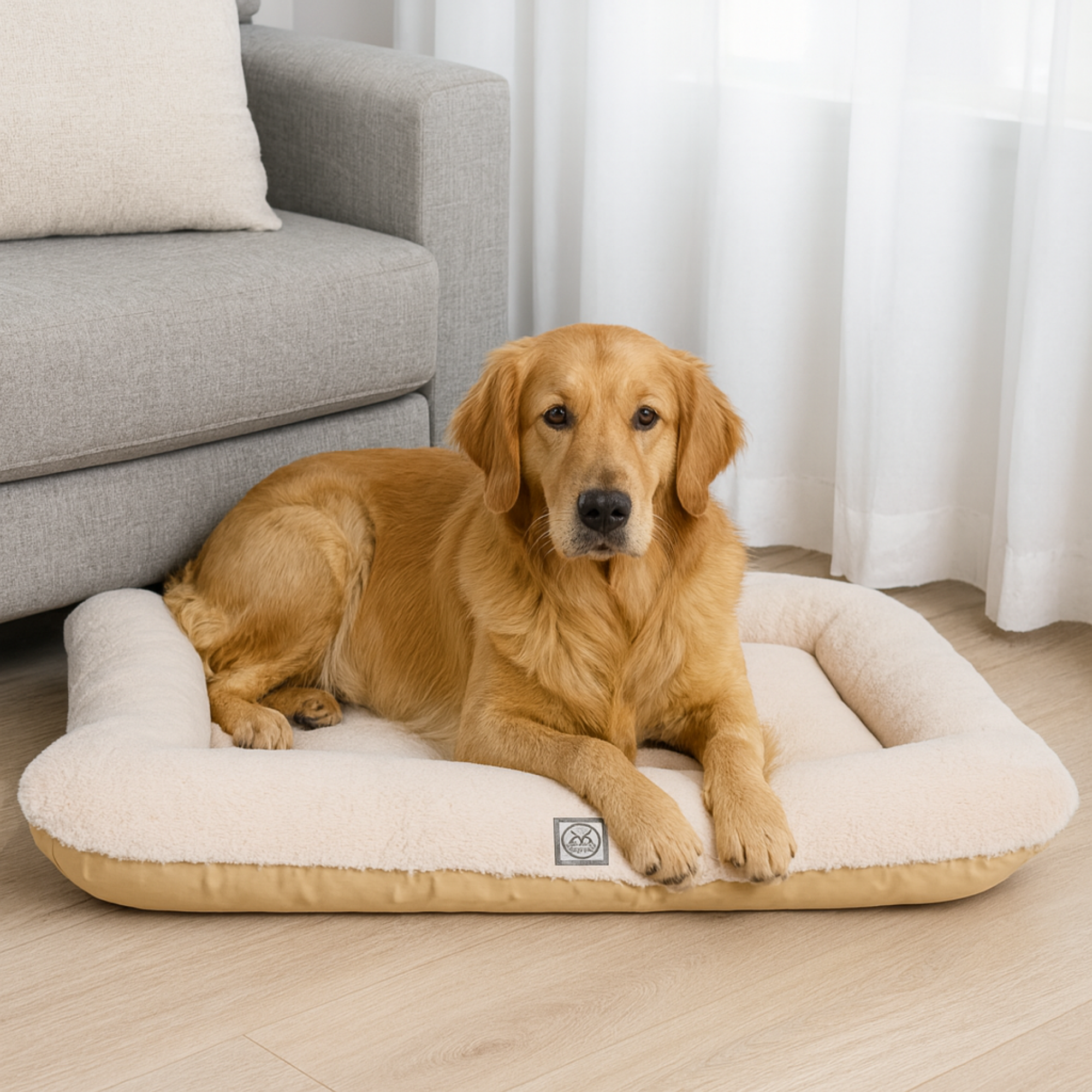 Golden retriever lying on soft beige dog bed in living room with couch and curtains