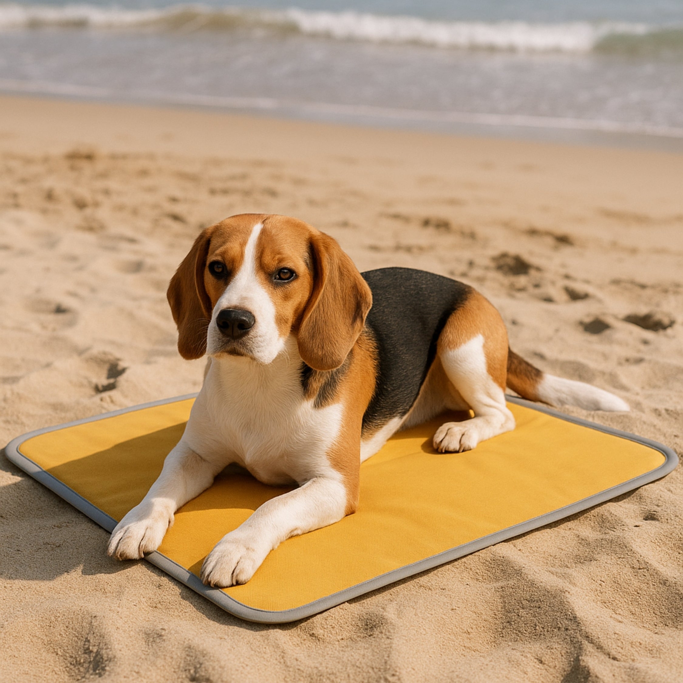 Beagle dog lying on a yellow pet mat on the beach with ocean in the background