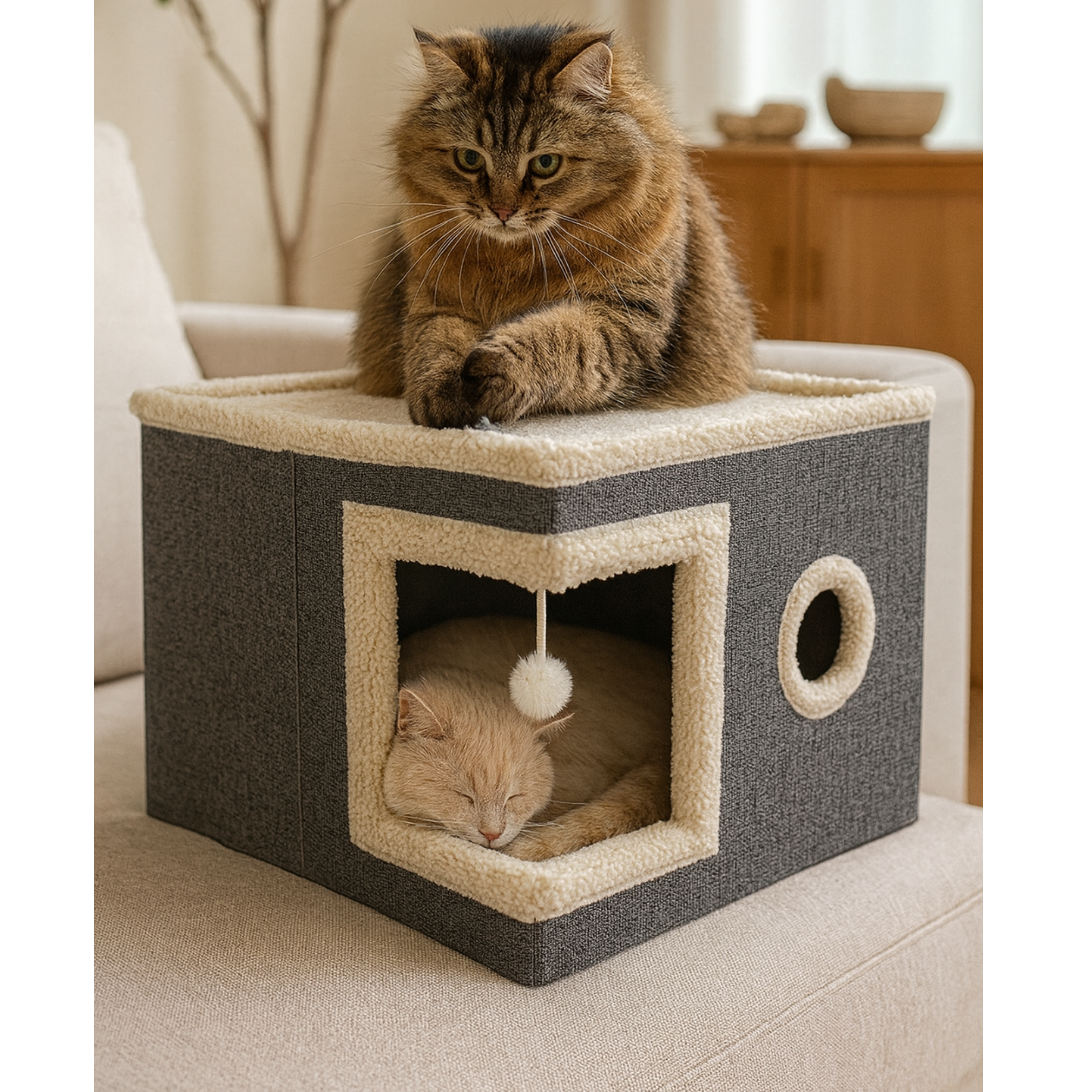 Two cats lounging on a modern gray cat cube condo with cozy fleece trim on a sofa.