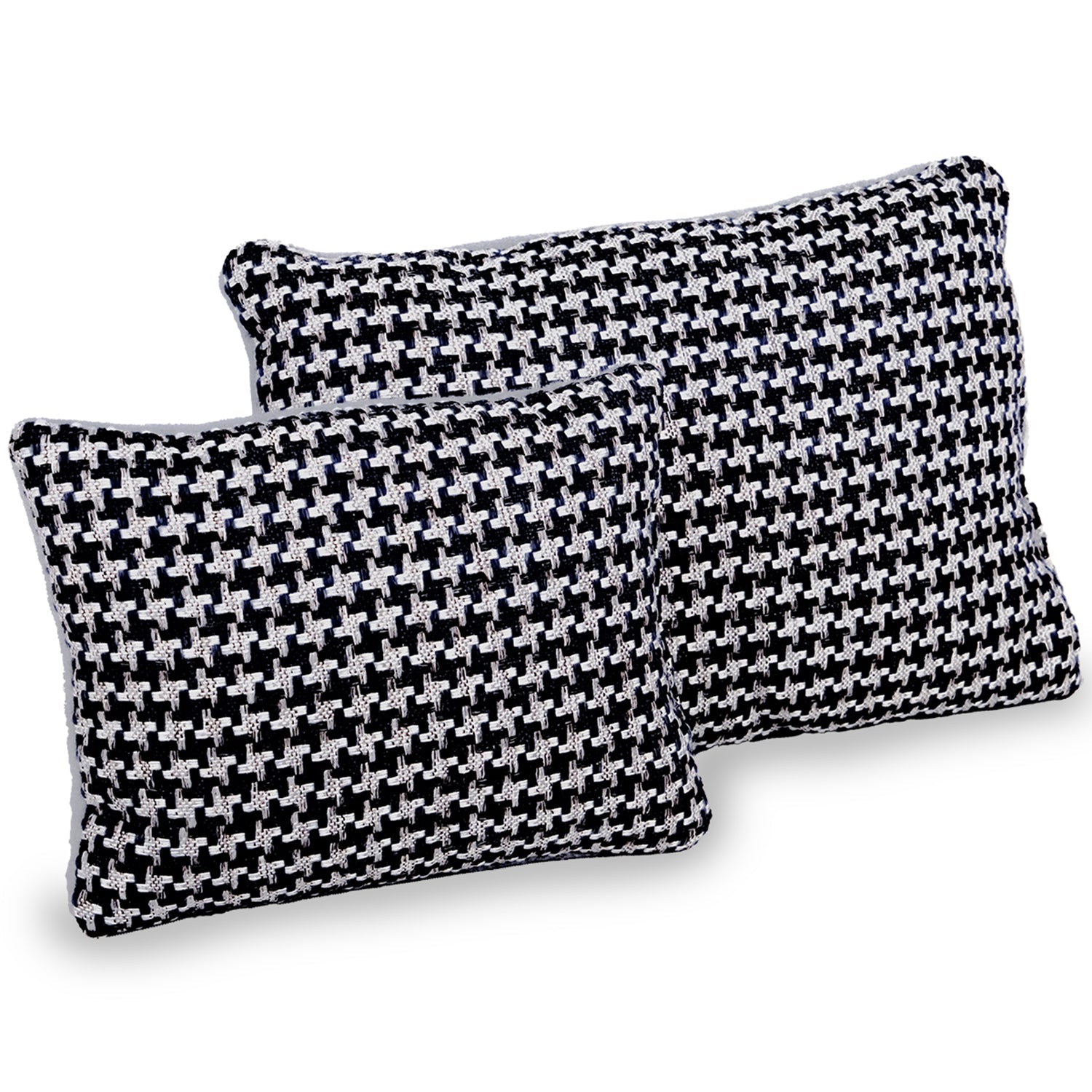 Set of two rectangular houndstooth patterned black and white throw cushions
