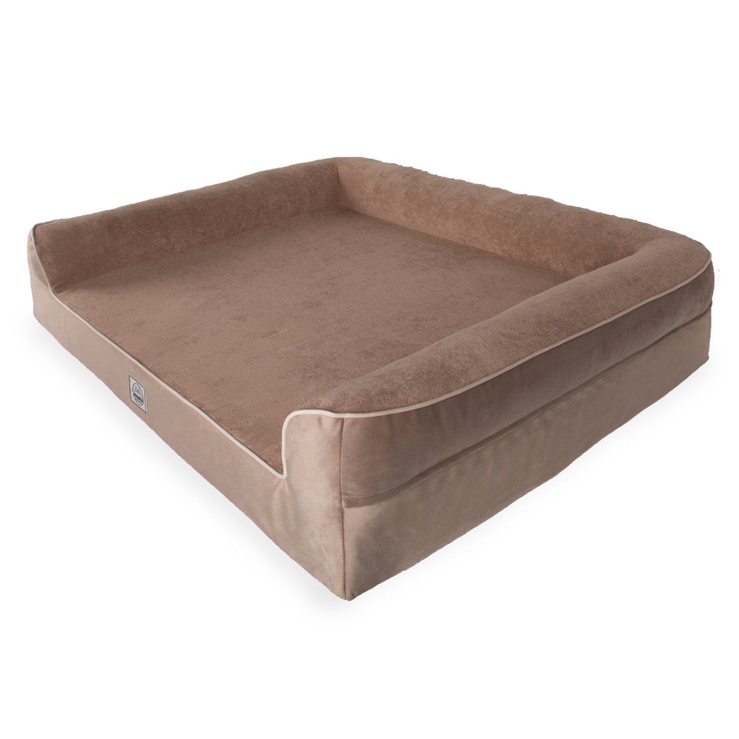 Square brown velvet pet bed with raised sides on a white background