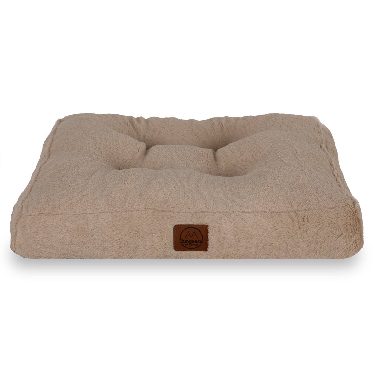 Beige rectangular plush pet bed with tufted design and textured soft fabric