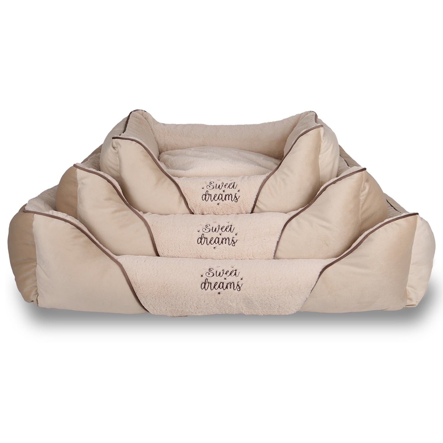 Stacked beige pet beds in three sizes with 'Sweet dreams' embroidered on the front.