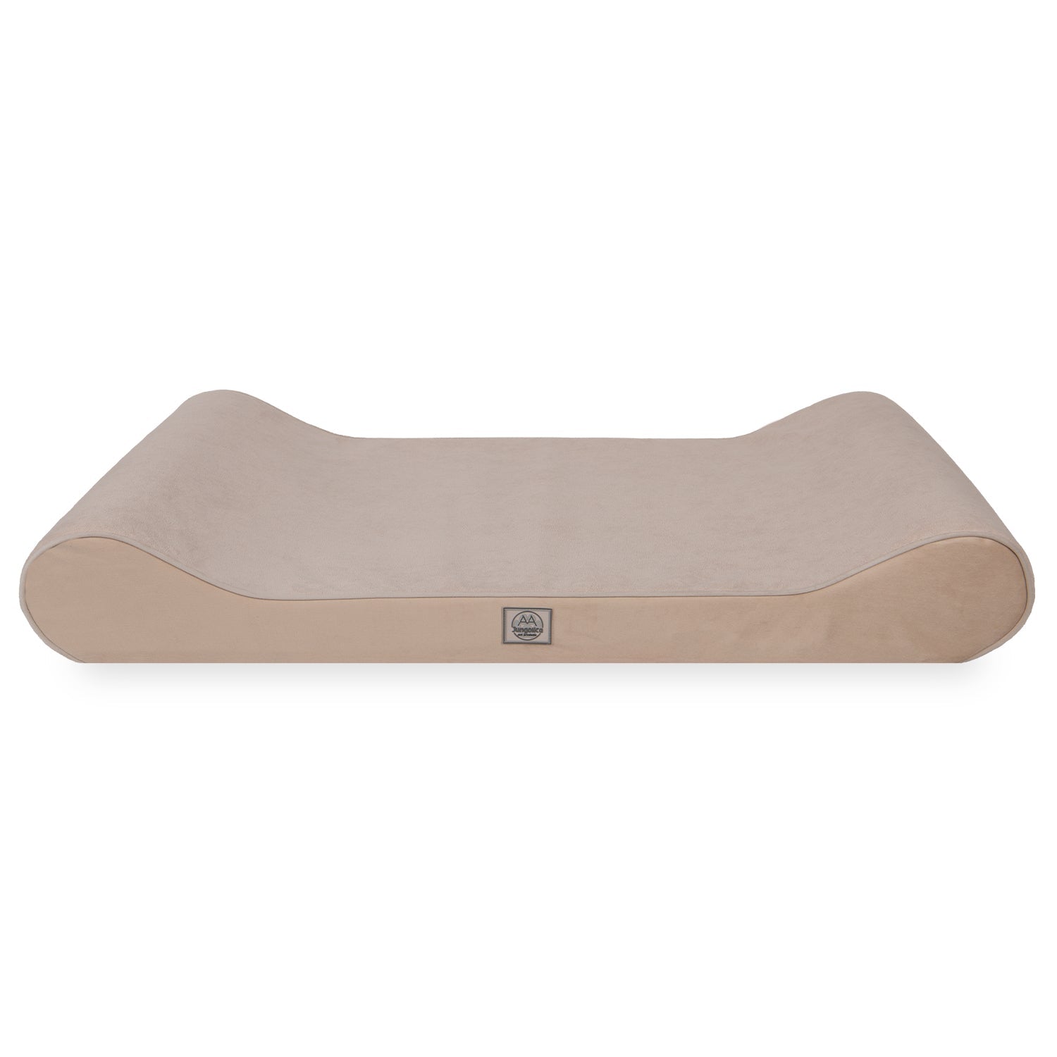 Beige orthopedic dog bed with raised sides on a white background