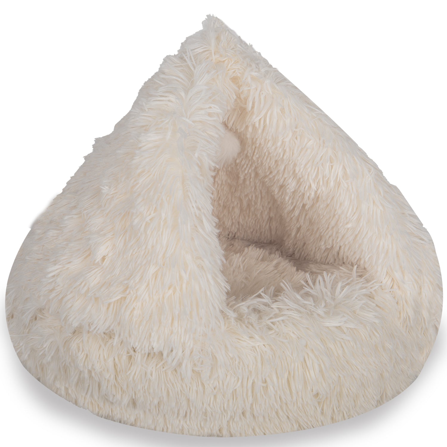 Soft cream faux fur pet cave bed with cozy, triangular entrance, plush texture