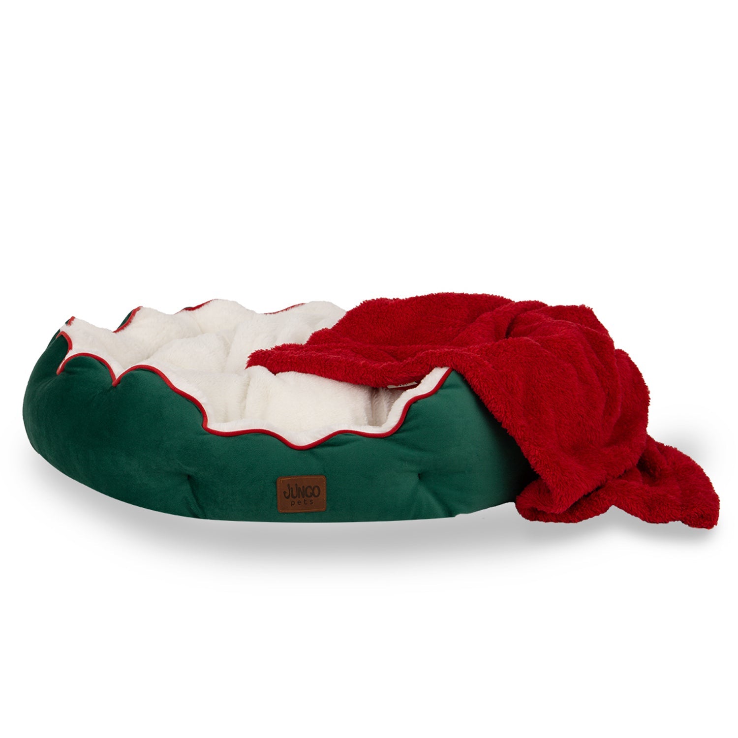 Green and white Christmas pet bed with red blanket, cozy holiday decor