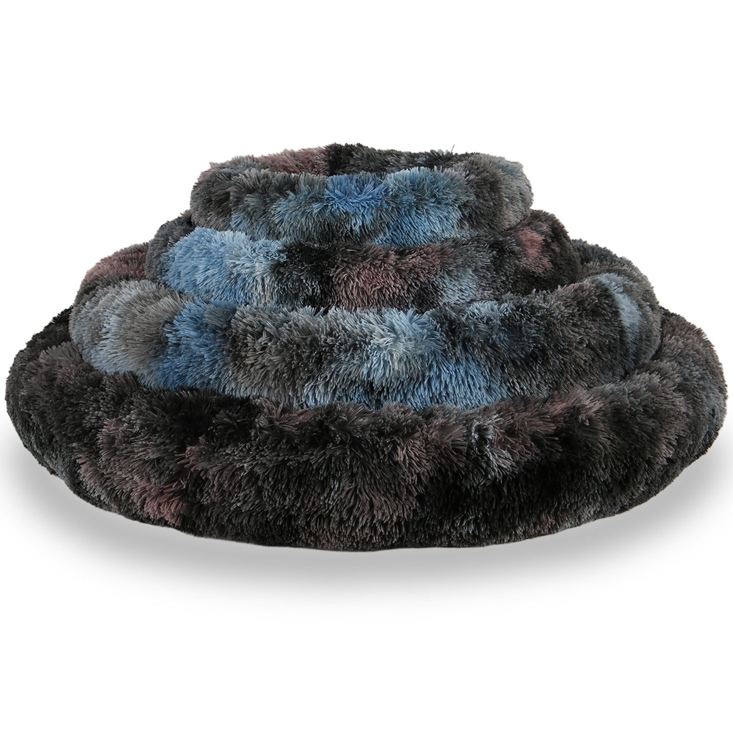 Stack of round, fluffy pet beds in black, grey, and blue faux fur, soft texture