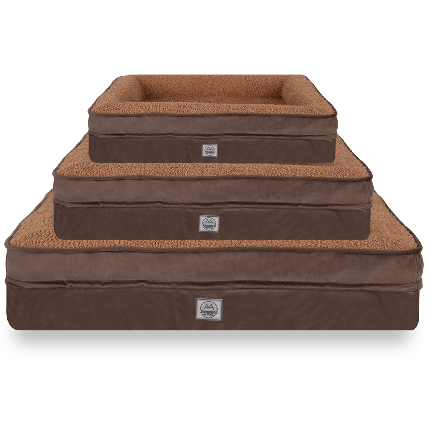 Three brown rectangular pet beds in different sizes stacked on top of each other.