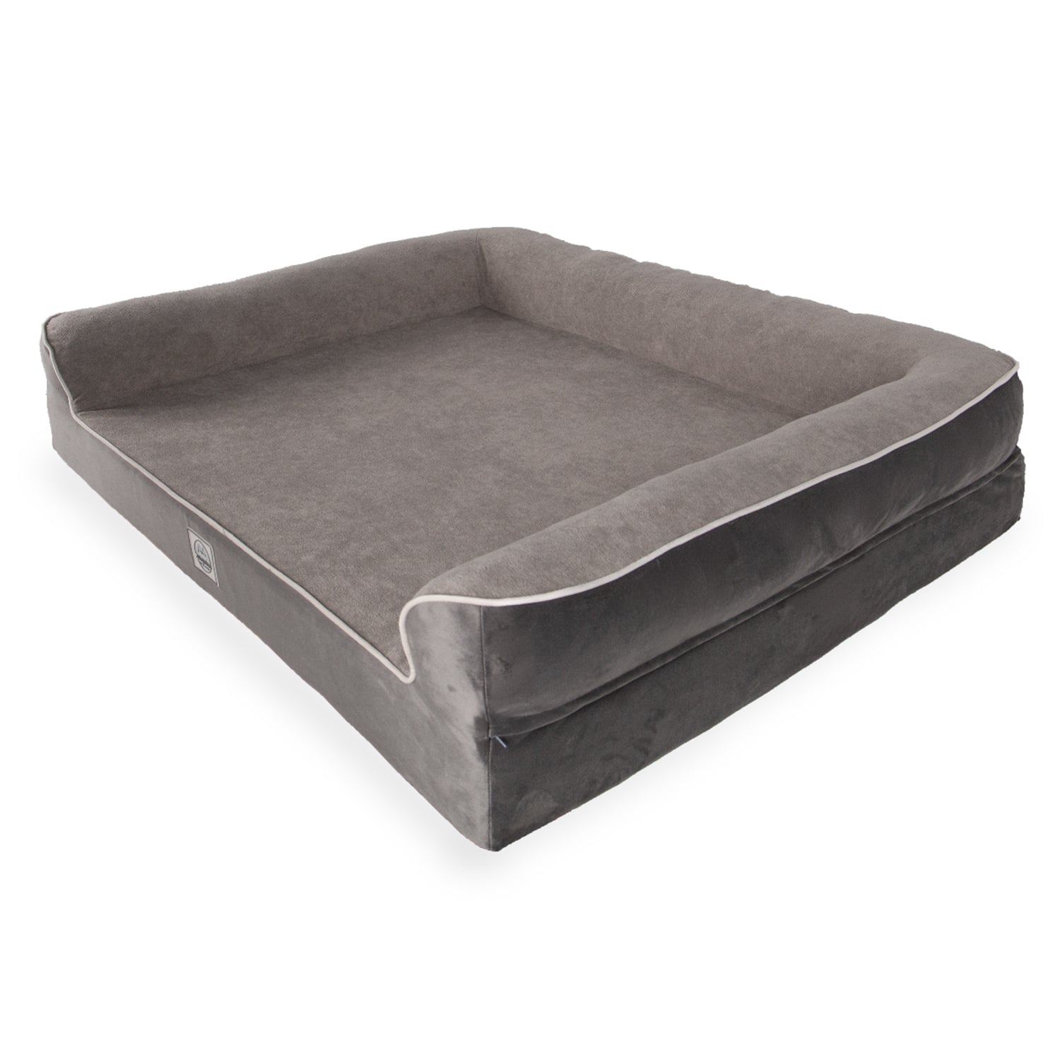 Large rectangular gray fabric pet bed with raised sides and soft cushion