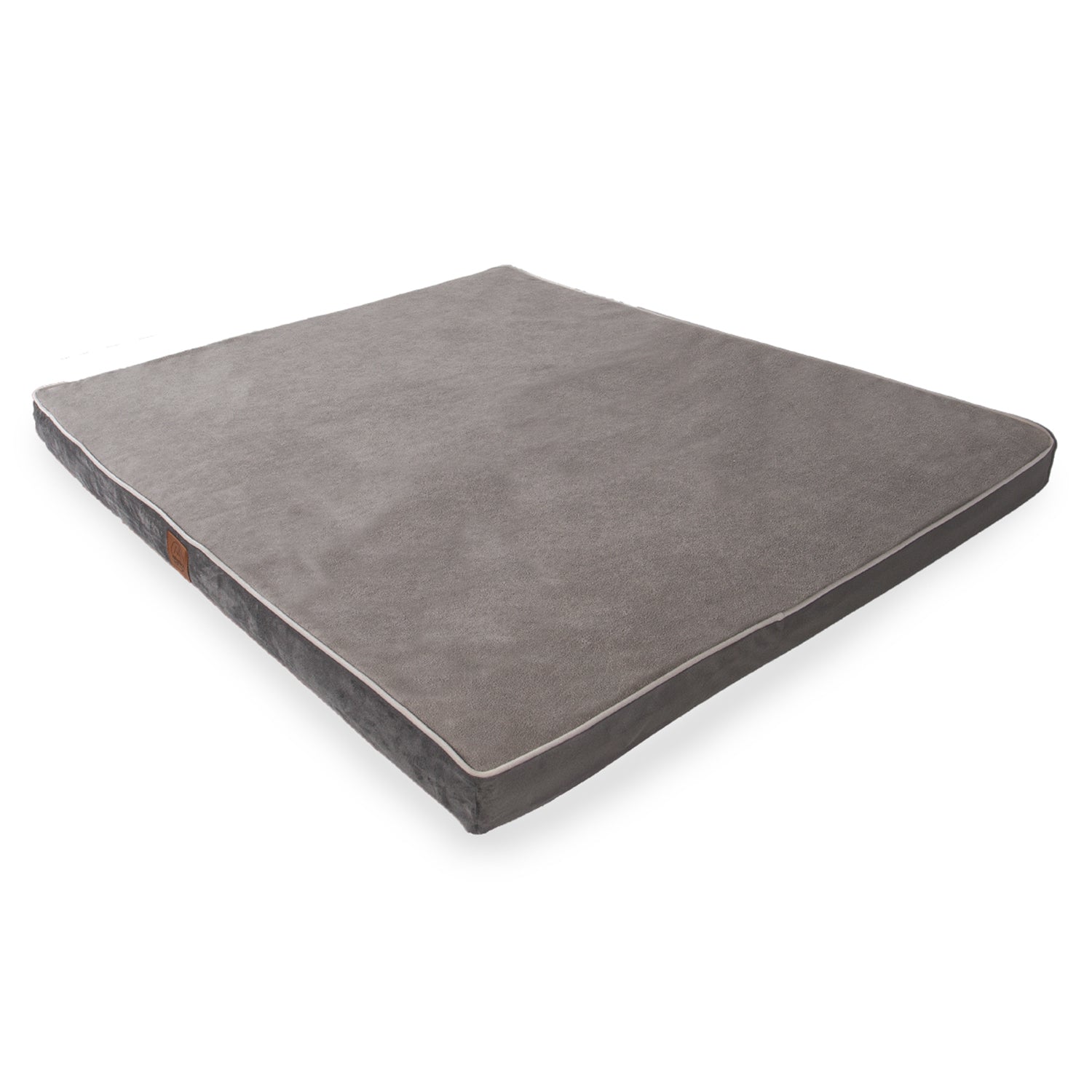 Large rectangular grey floor cushion with piped edges on white background