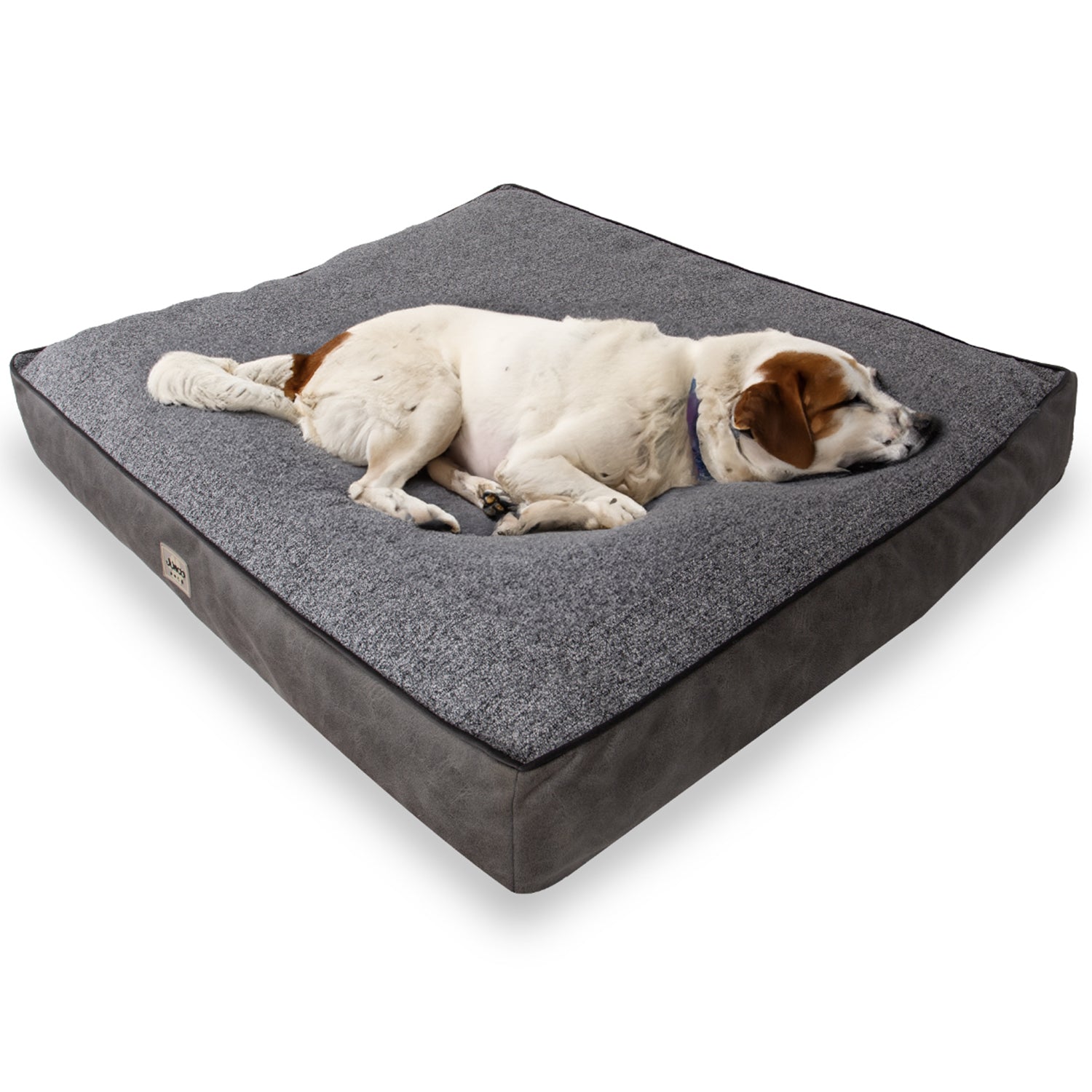Large dog sleeping on a gray rectangular dog bed with soft, textured fabric