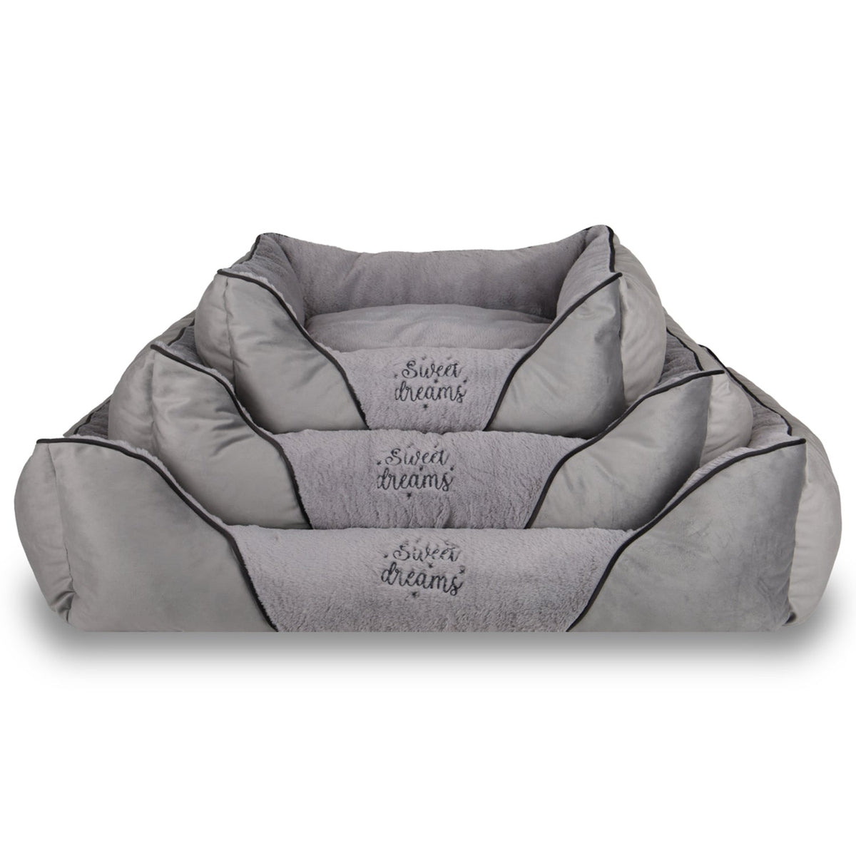 Stack of three gray plush rectangular dog beds with 'sweet dreams' embroidery, pet bedding