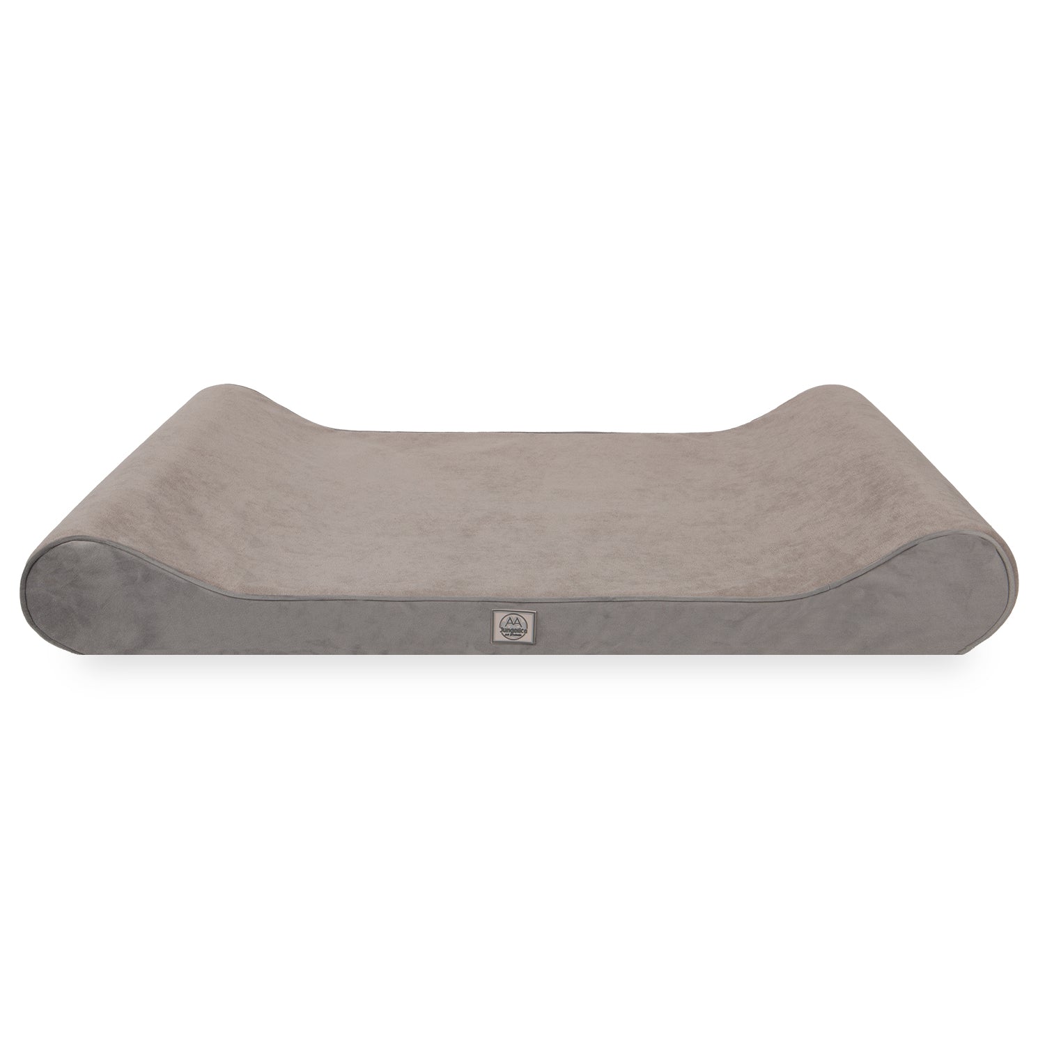 Gray orthopedic pet bed with elevated sides and soft fabric cover on white background