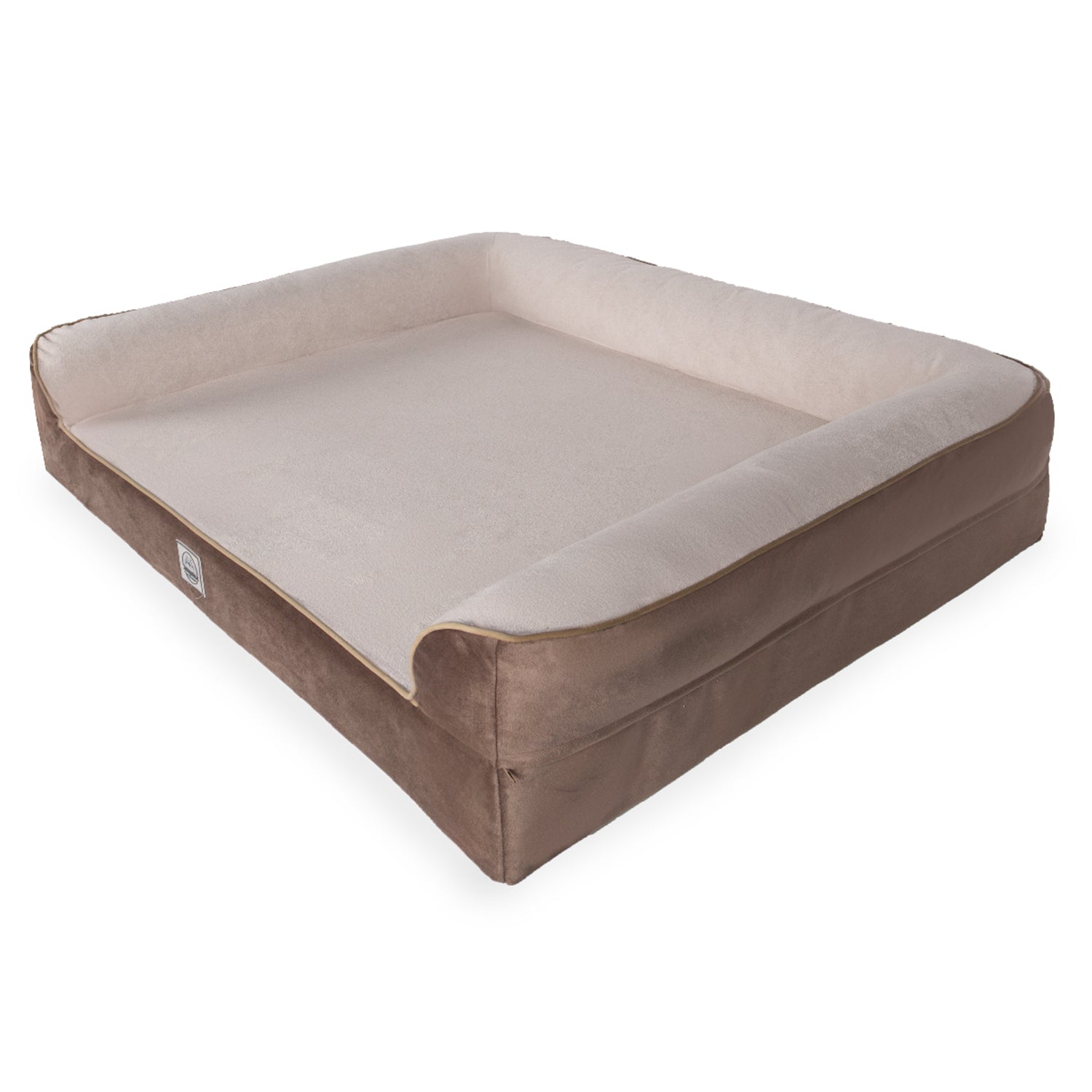 Large rectangular beige and brown pet bed with raised bolstered sides on white background.