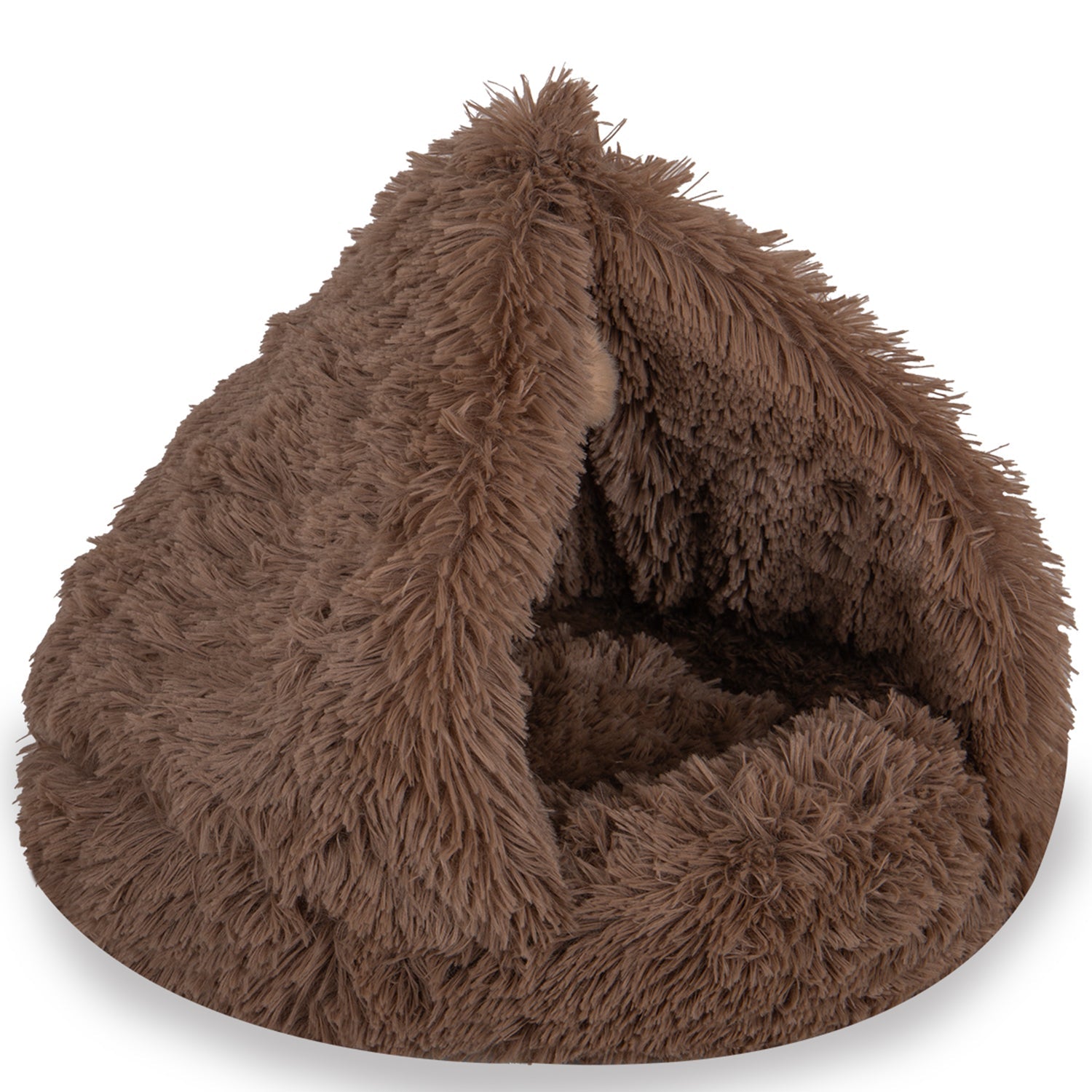Brown fluffy pet cave bed with soft, shaggy fabric for cats or small dogs
