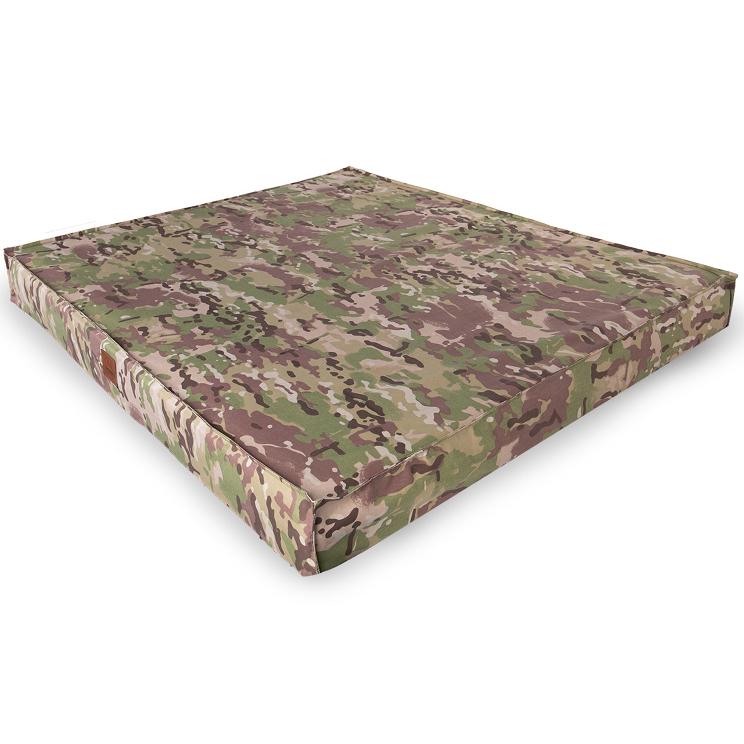 Camouflage mattress with multi-colored military pattern on white background