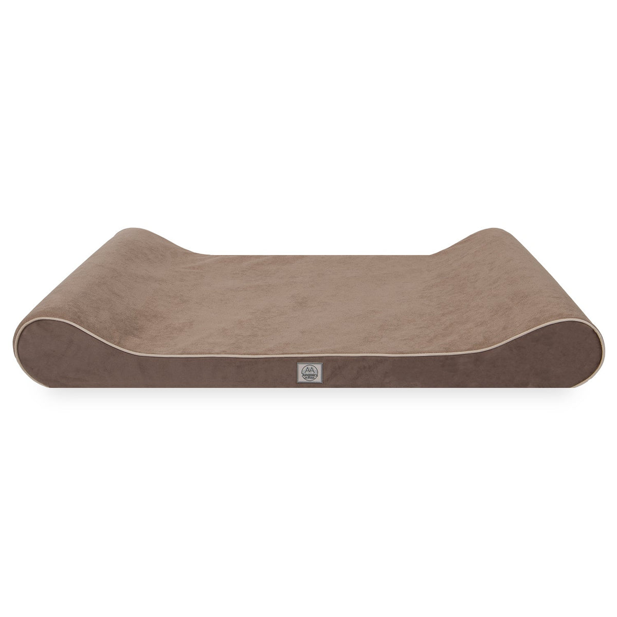 Brown suede orthopedic dog bed with raised curved sides on white background
