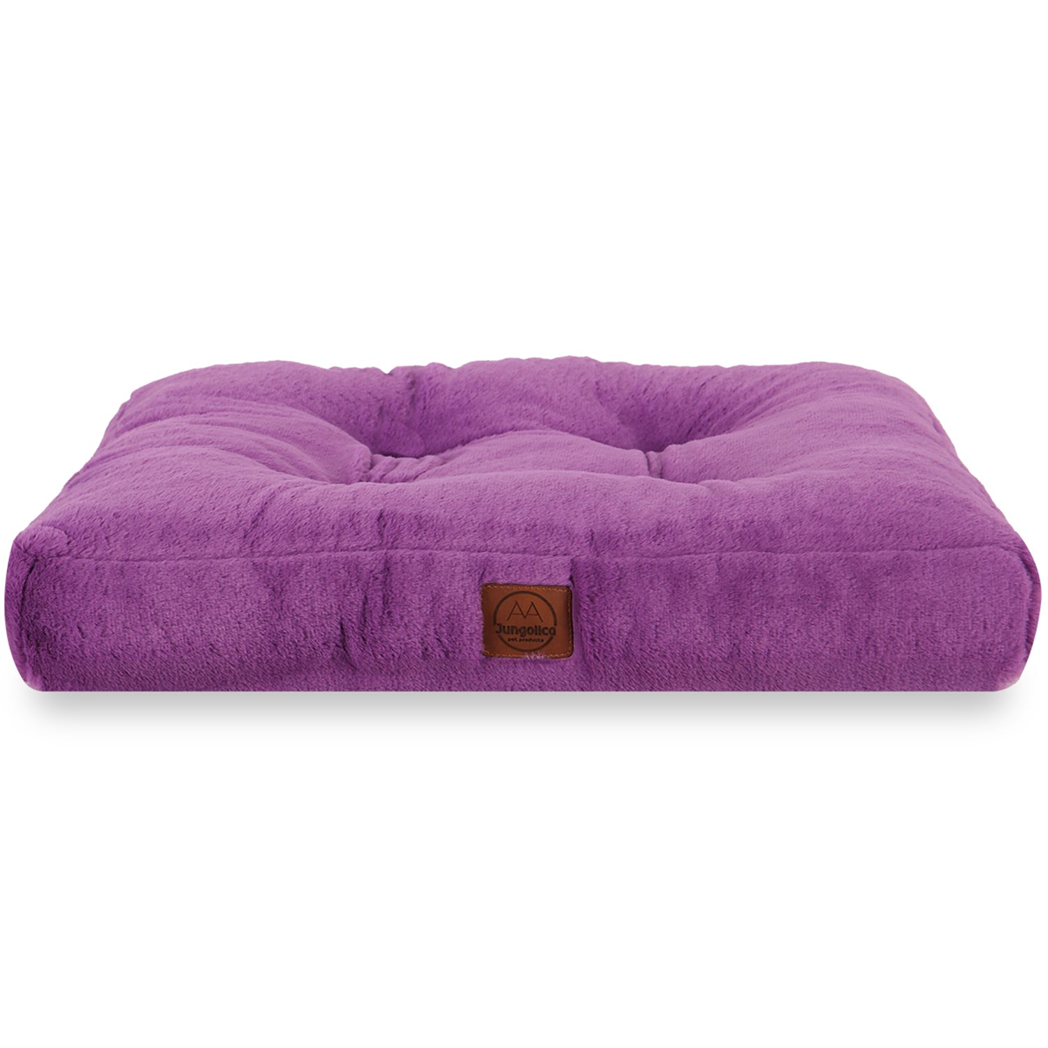Plush rectangular purple cushion with tufted top and brown logo patch, textile home decor