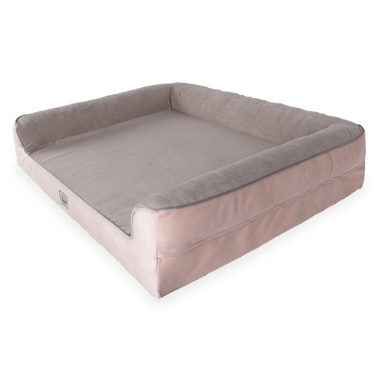 Square pink and gray pet bed with raised sides on a white background