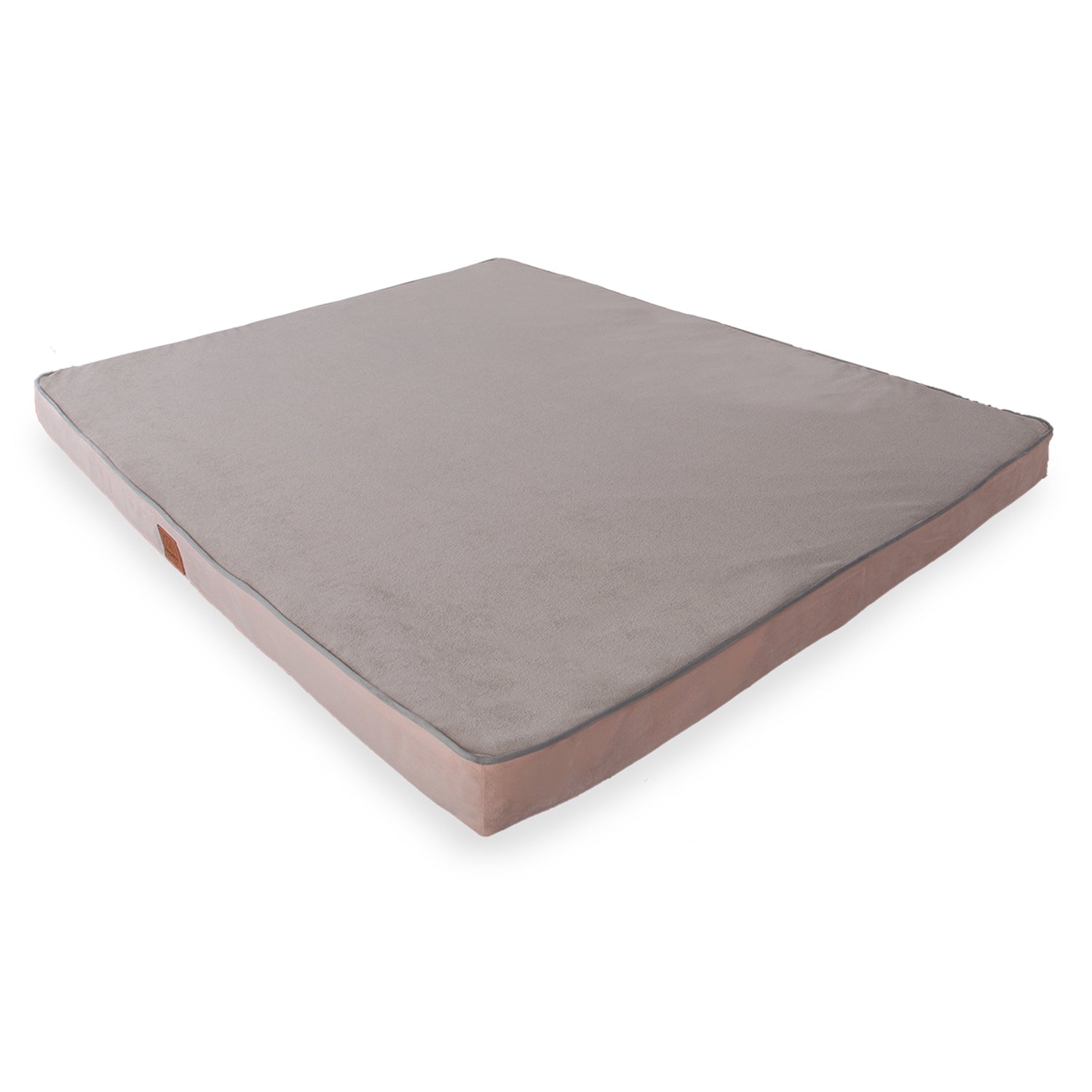 Square pink and gray cushion, flat fabric floor pillow, textile home decor