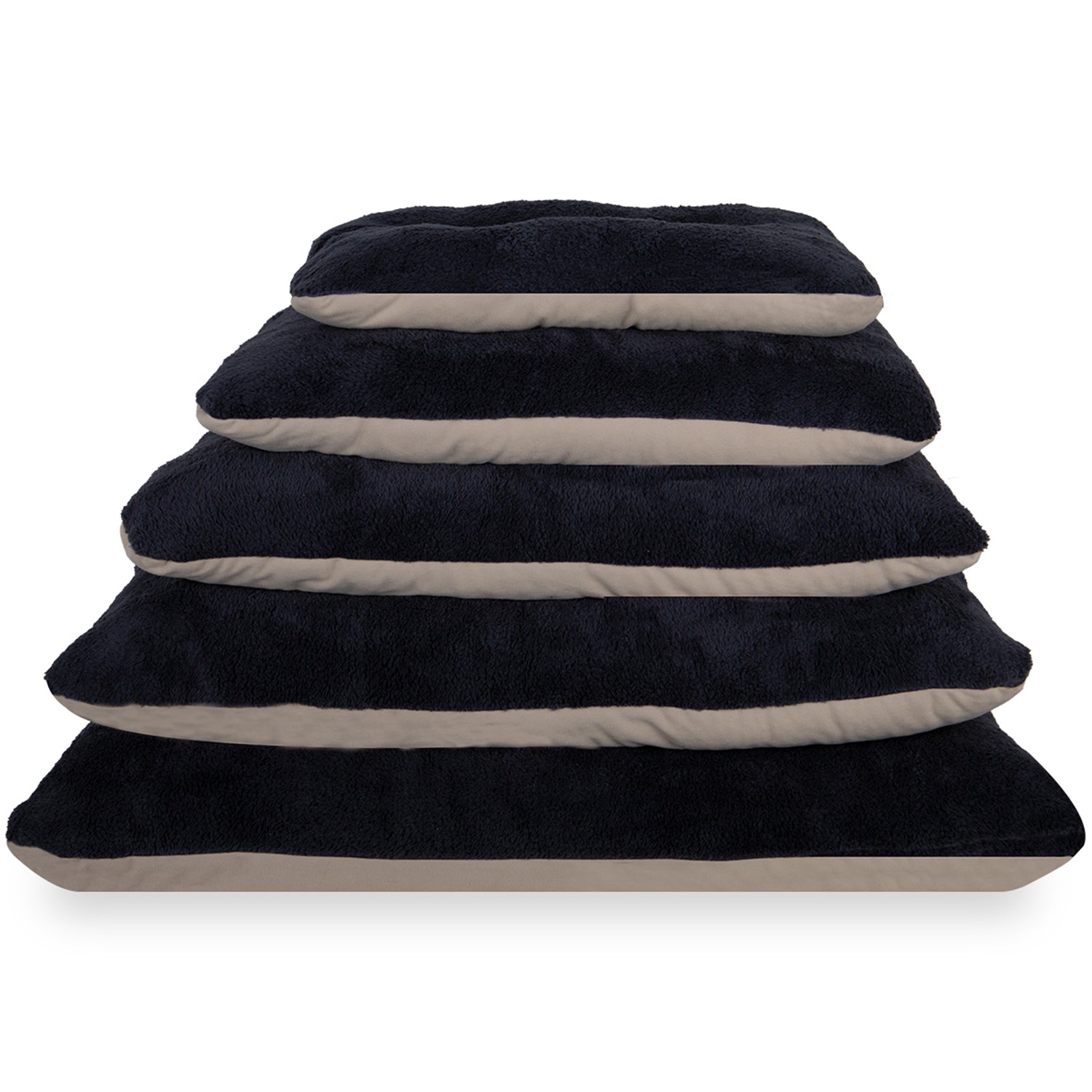 Stack of plush dark gray and beige floor pillows in various sizes on a white background
