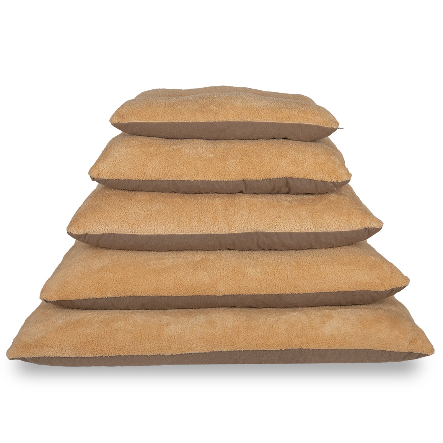 Stack of five beige and brown rectangular cushions in different sizes on white background