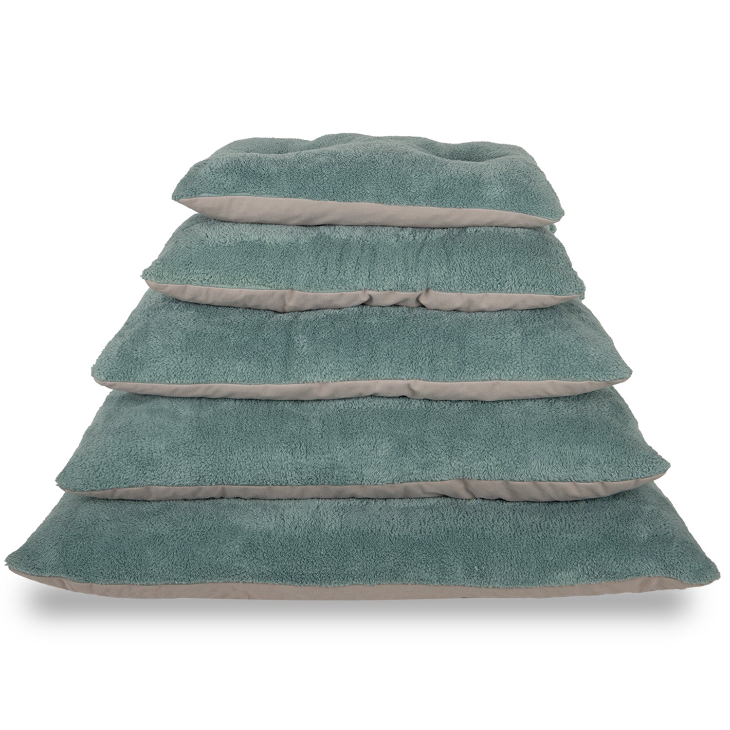 Stack of turquoise and gray terry cloth cushions in multiple sizes on white background