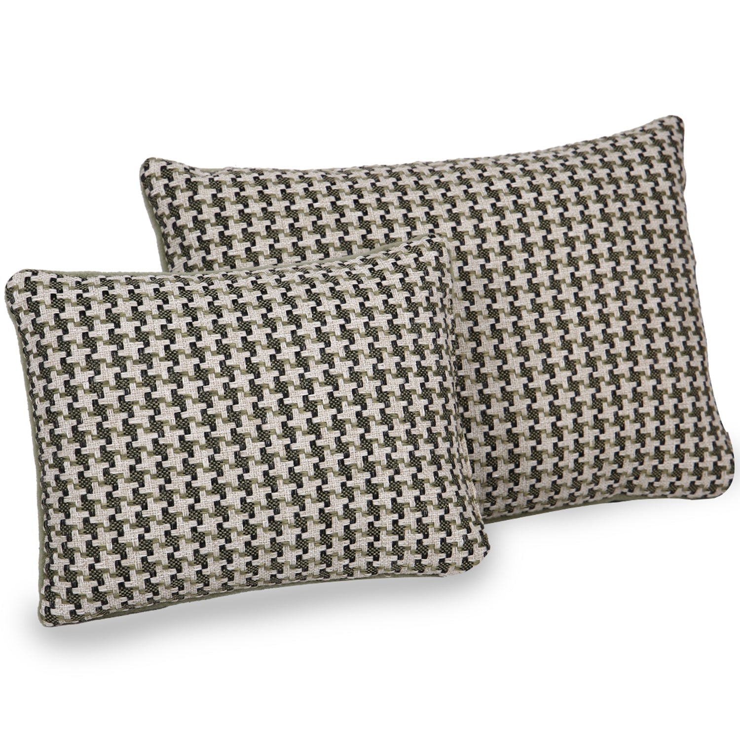 Set of two decorative pillows with black and white geometric woven pattern