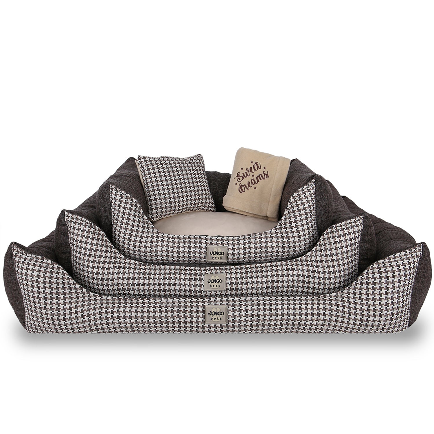 Stacked brown houndstooth pet beds with matching cushions and 'Sweet dreams' pillow