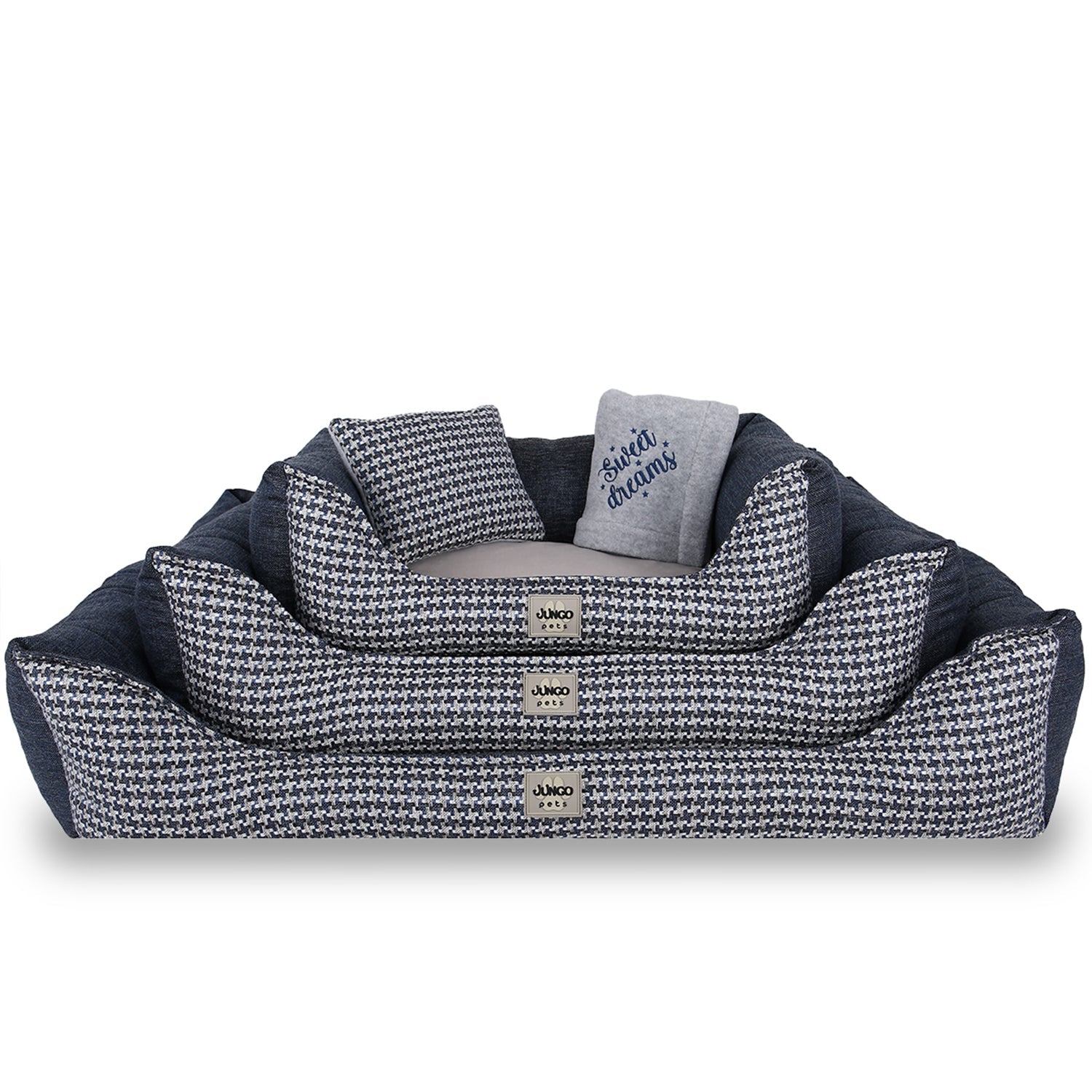 Stacked blue and white houndstooth pet beds with cushions and a Sweet Dreams pillow.