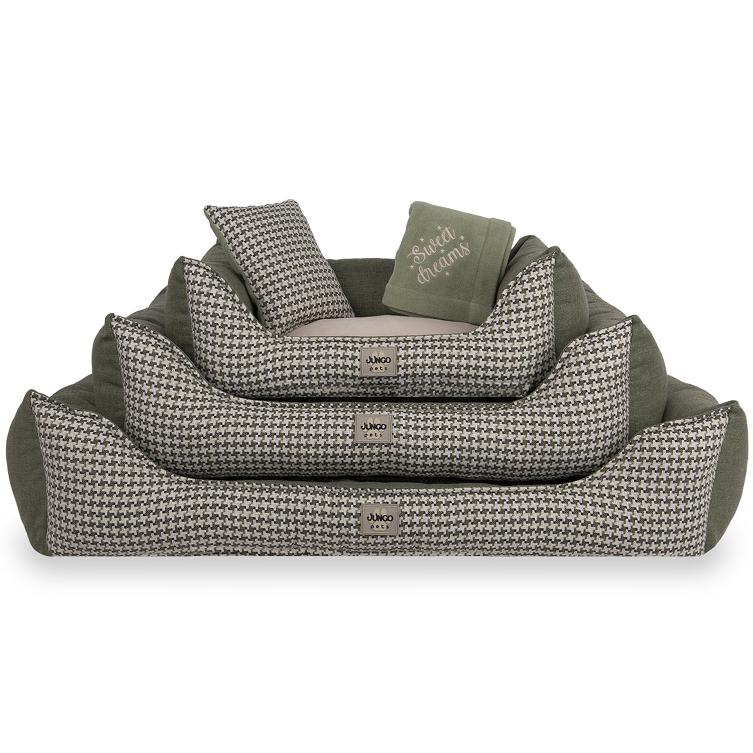 Stacked green houndstooth dog beds with matching pillows and 'Sweet Dreams' cushion