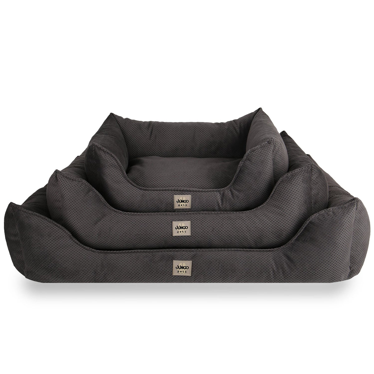 Stacked dark gray pet beds in three sizes with soft fabric texture