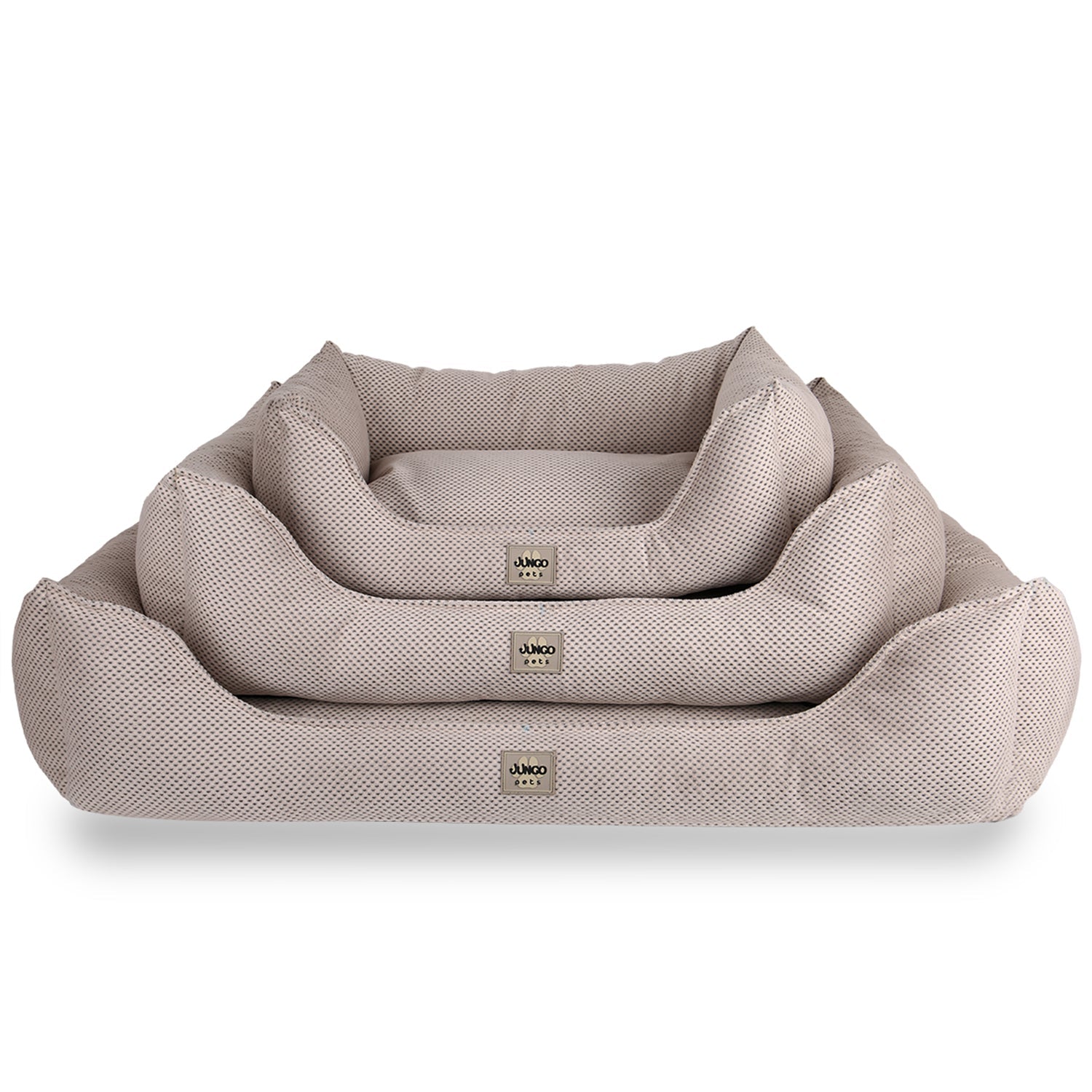Stacked beige pet beds in three sizes, mesh fabric, rectangular shape, white background