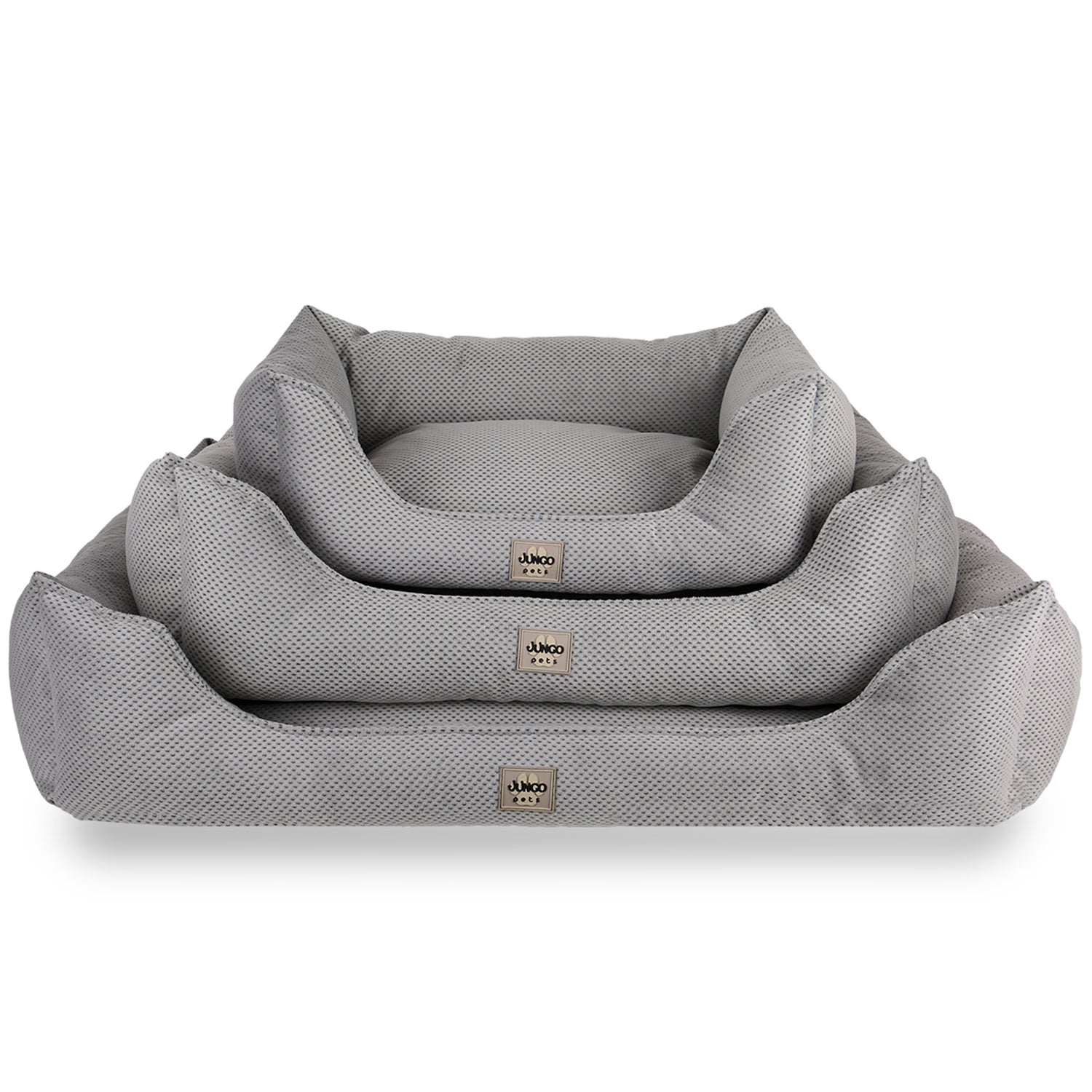 Stacked gray textured pet beds in three sizes, soft fabric with raised edges