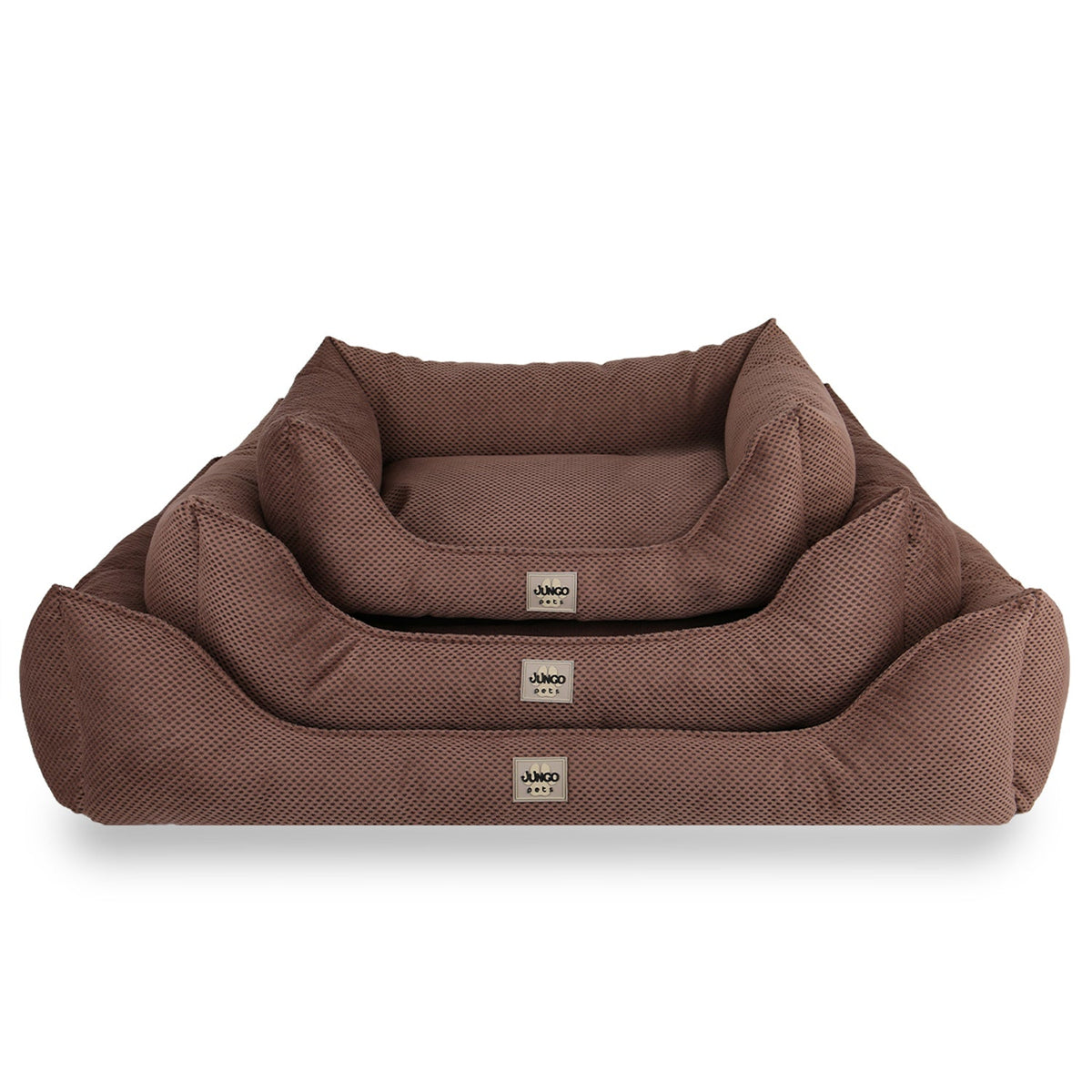 Stacked brown textured rectangular pet beds in three sizes, front view, on white background.