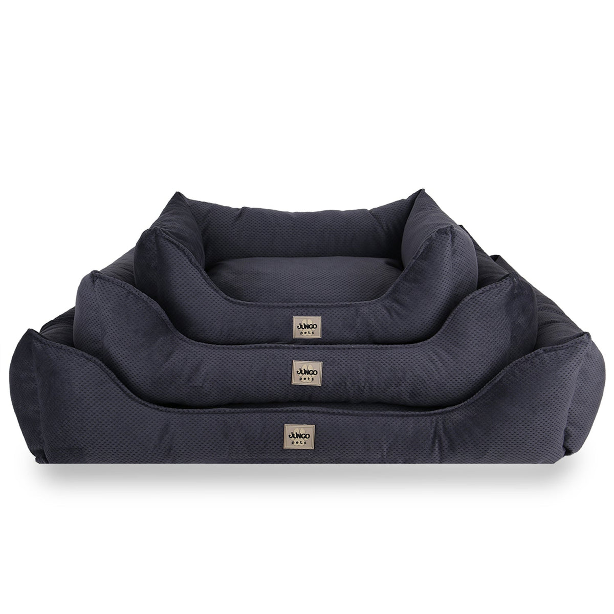 Set of three dark gray pet beds in different sizes, soft fabric, stacked for display