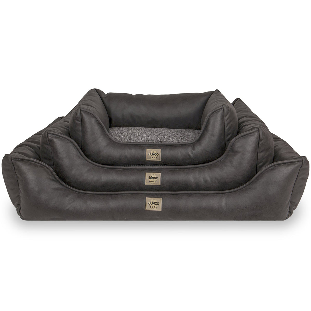 Stacked dark gray rectangular pet beds with soft sides and textured cushions