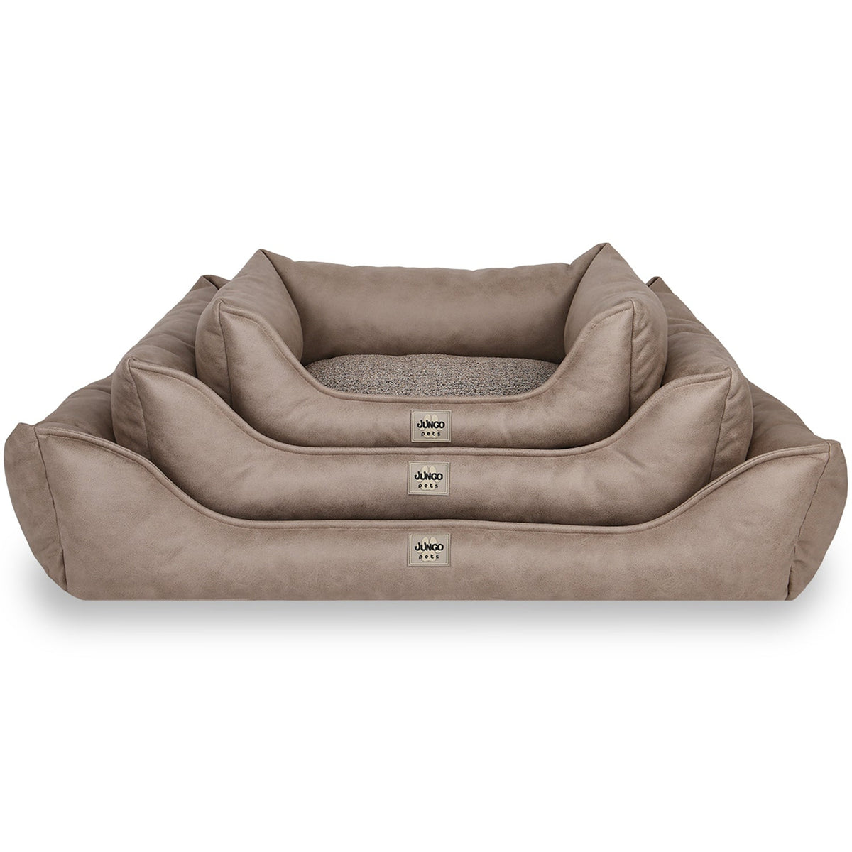 Stacked beige pet beds in three sizes with plush fabric and high sides