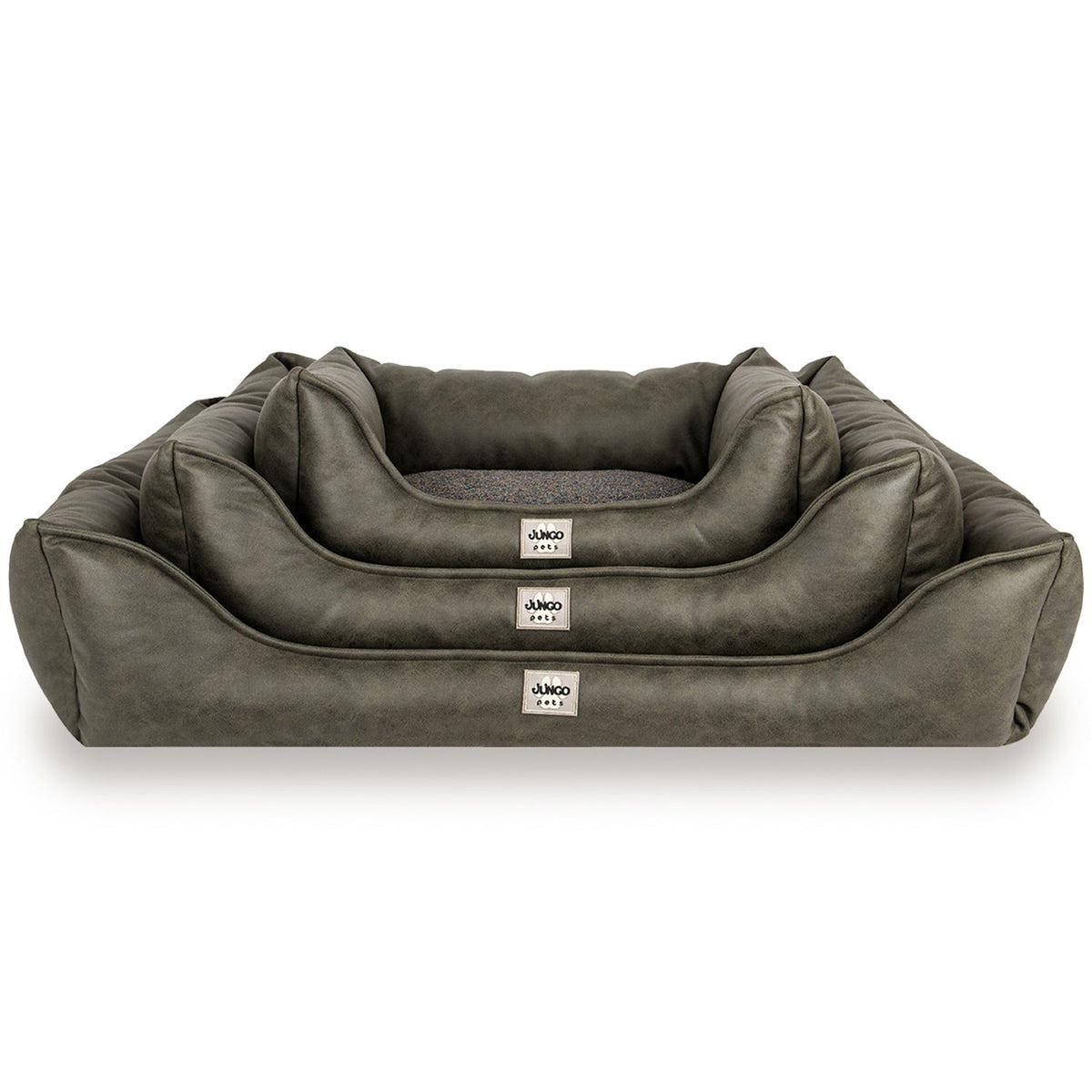 Three stacked olive green rectangular pet beds with soft bolstered sides